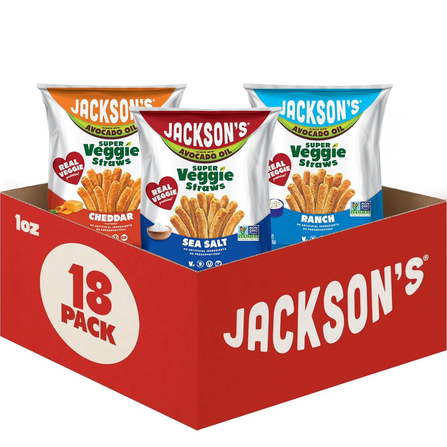 Jackson’s Super Veggie Straws™ Variety Pack (1 oz, Pack of 18) – Ranch, Cheddar, Sea Salt – Gluten Free, Made with Premium Avocado Oil, Veggie Chips, Snack Variety Pack, Veggie Straws Individual Bags