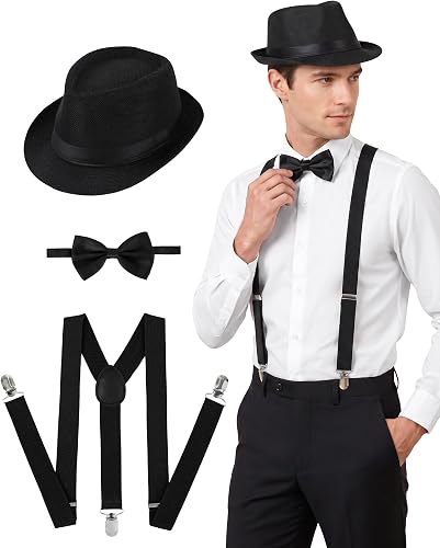 Fme eah 1920s Mens Costume Accessories for Men Black Fedora Hat Suspenders Bow T