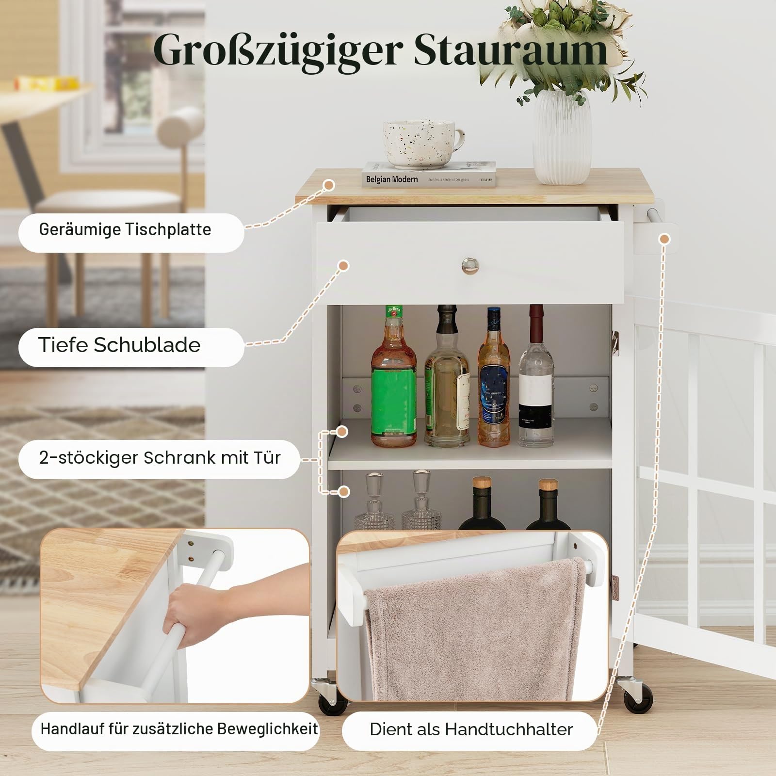 KOMFOTTEU Küchenwagen mit Rollen, Servierwagen mit Schublade, Glastür, Handtuchhalter, Gummiholzplatte, Kücheninselwagen mit Verstellbarer Ablage für Wohnzimmer, Küche
