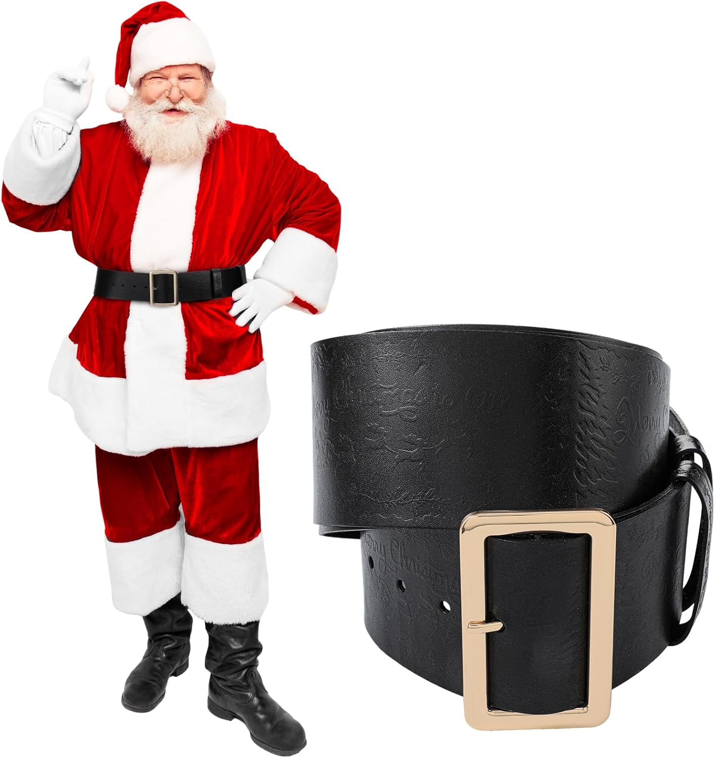 Shihanee Christmas Tooled Leather Santa Claus Belt and Buckle - 3" Wide Merry Christmas to All Cowhide Tooled Leather Belt for Party Santa Costume Cosplay