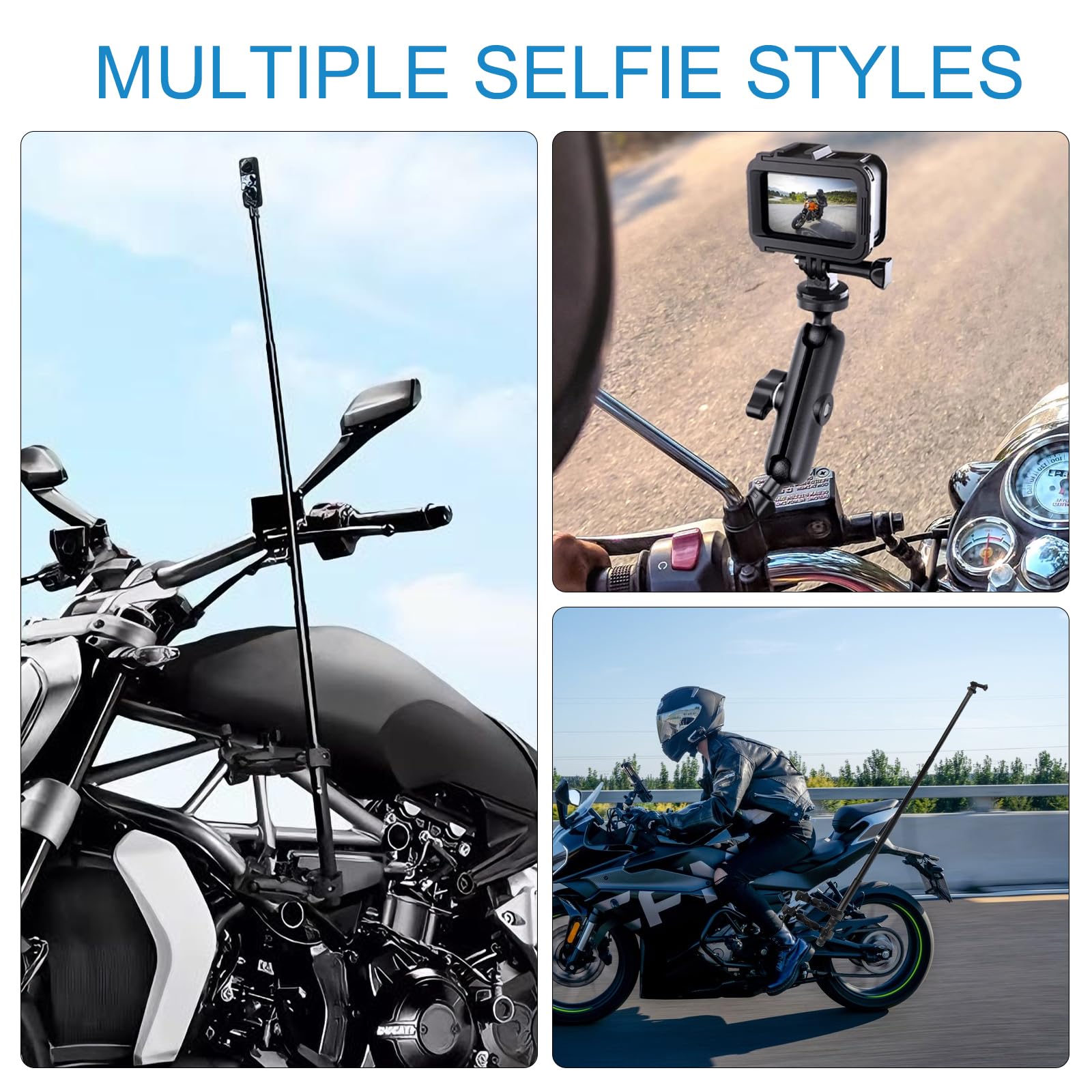 Soporte de Cámara Accesorio para Insta360 x5x4X3X2 Kit de Moto para Rotación de 360 Grados Doble Abrazadera Doble Estabilidad Soporte de Moto（120 cm con Palo Selfie）