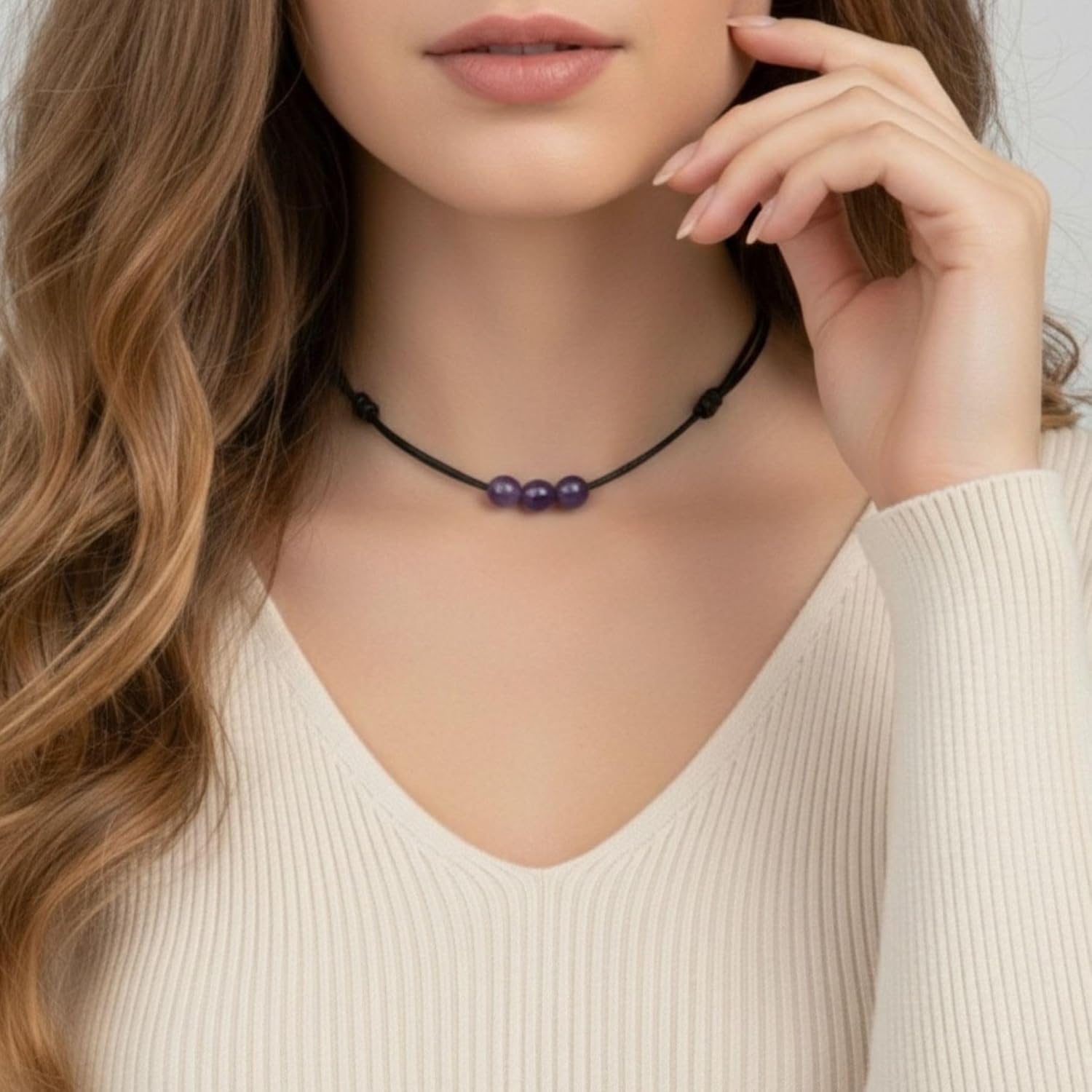 Luck Strings Amethyst Triple Bead Choker Necklace, Adjustable Wax Nylon Cord, Waterproof Boho Minimalist Choker, Unisex February Birthstone Gift - Image 2