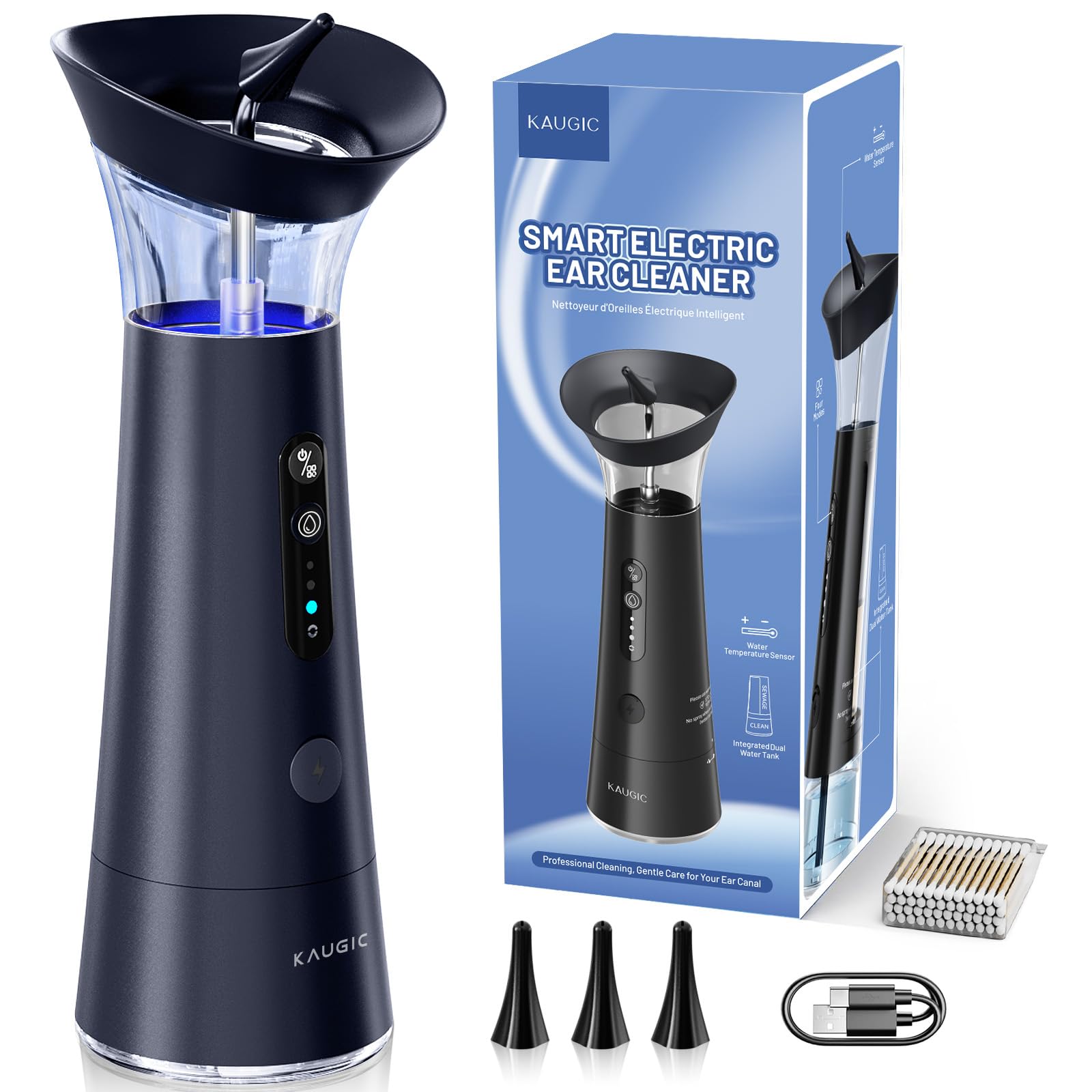 Ear Wax Removal with One-Piece Waste Tank, FSA-HSA-Eligible, Water Powered Ear Cleaner, Electric Ear Cleaning Kit with Water Temperature Sensor, Ear