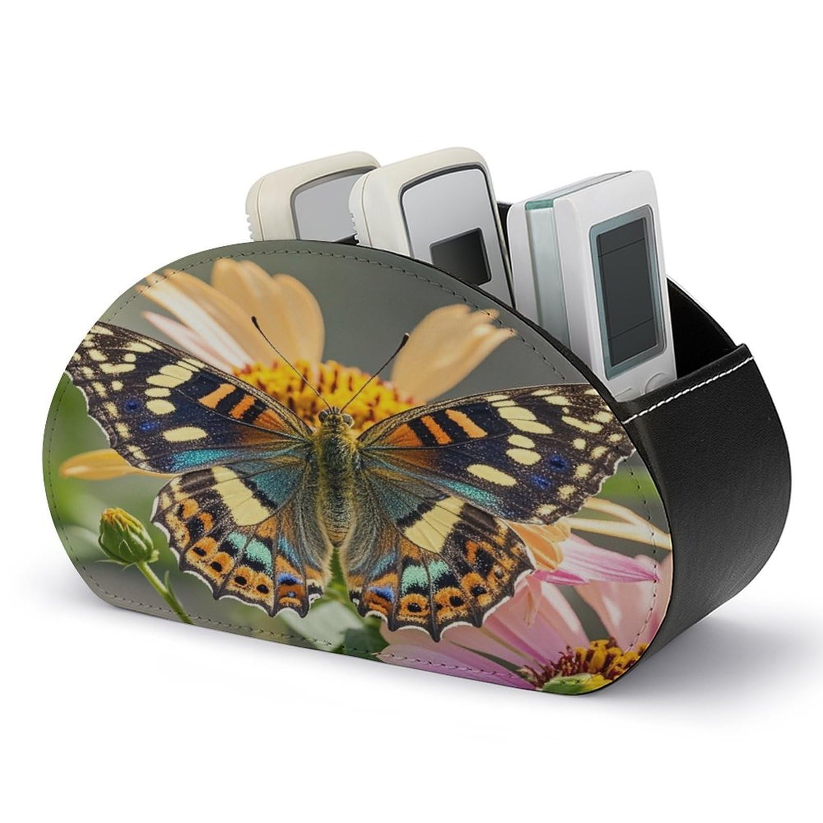 LZQPOEAS Butterfly Remote Control Holder with 5 Compartments PU Leather Remote Organizer Box Caddy for Table Nightstand Remote Caddy Desktop Organizer Fits Media Controllers