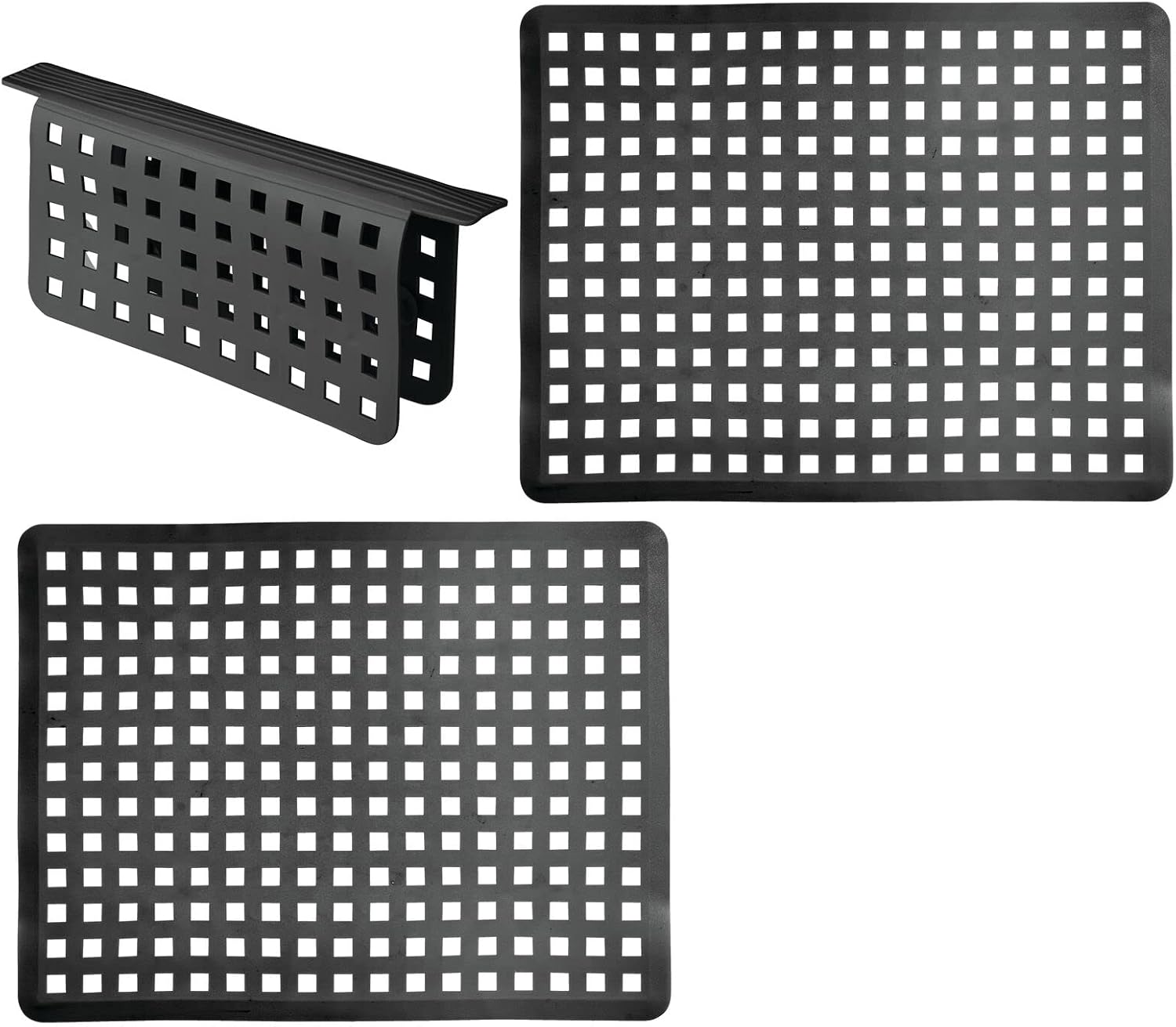mDesign Decorative Kitchen Plastic Sink Protector Set, Quick Draining - Protect Surfaces and Dishes - Modern Slotted Design - Includes 1 Saddle, 2 Large Mats - Set of 3 - Black