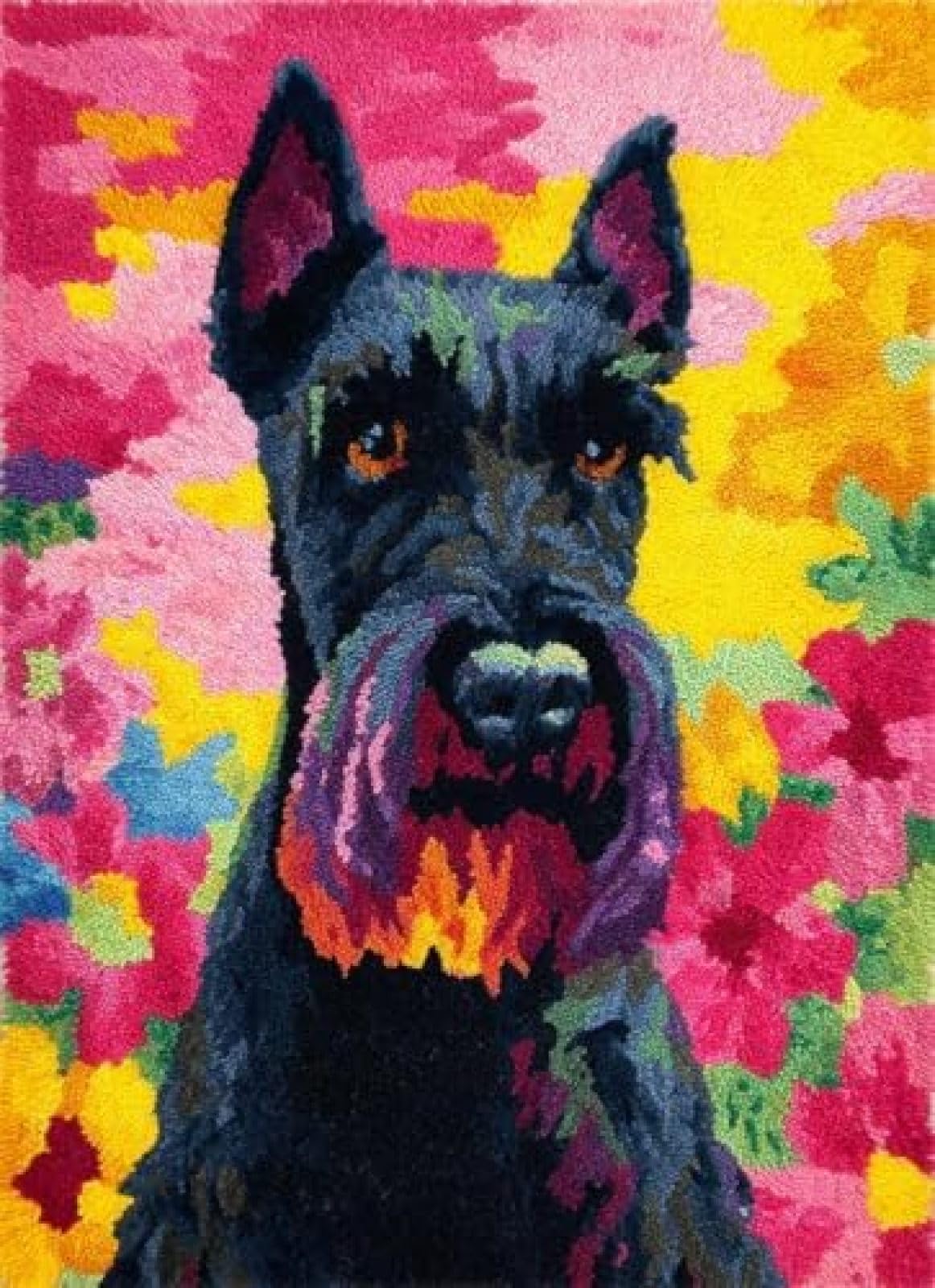 XDEGHUANGSS Latch Hook Rug Kit Giant Schnauzers Dog Portrait in Flowers Cushion Cover DIY Craft Set Pre-Printed Mat 38x52cm for Home Decor