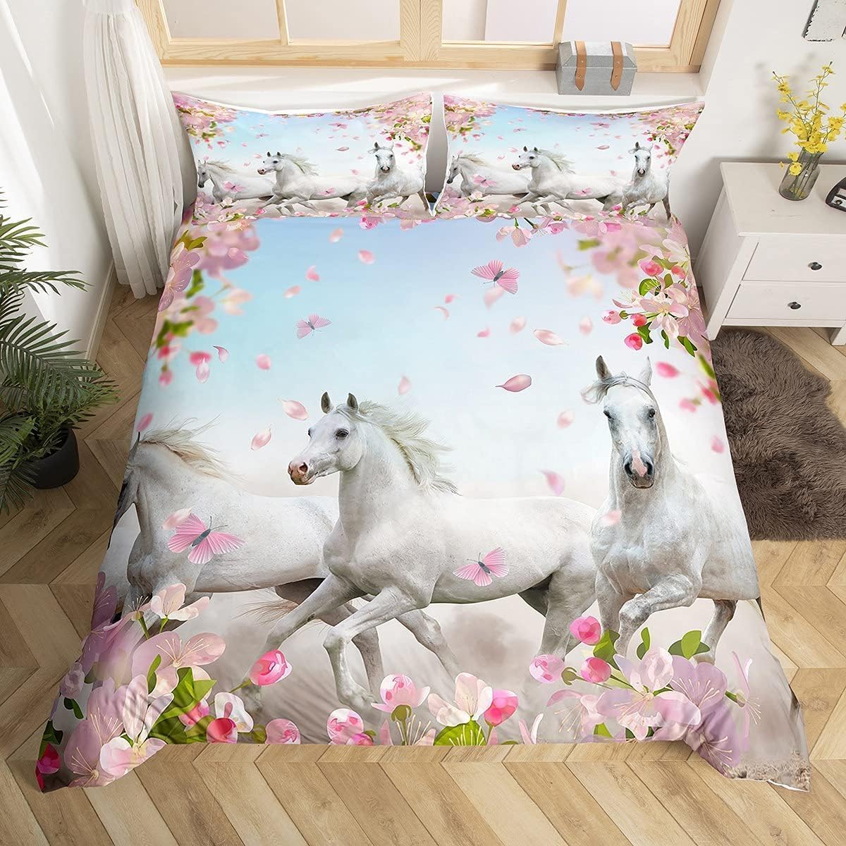Loussiesd Single Girl Horse Bedding Set Flying Horse Set White Duvet Cover Cherry Blossoms Pink Flowers Duvet Cover 3D Wildlife Bedroom Decoration