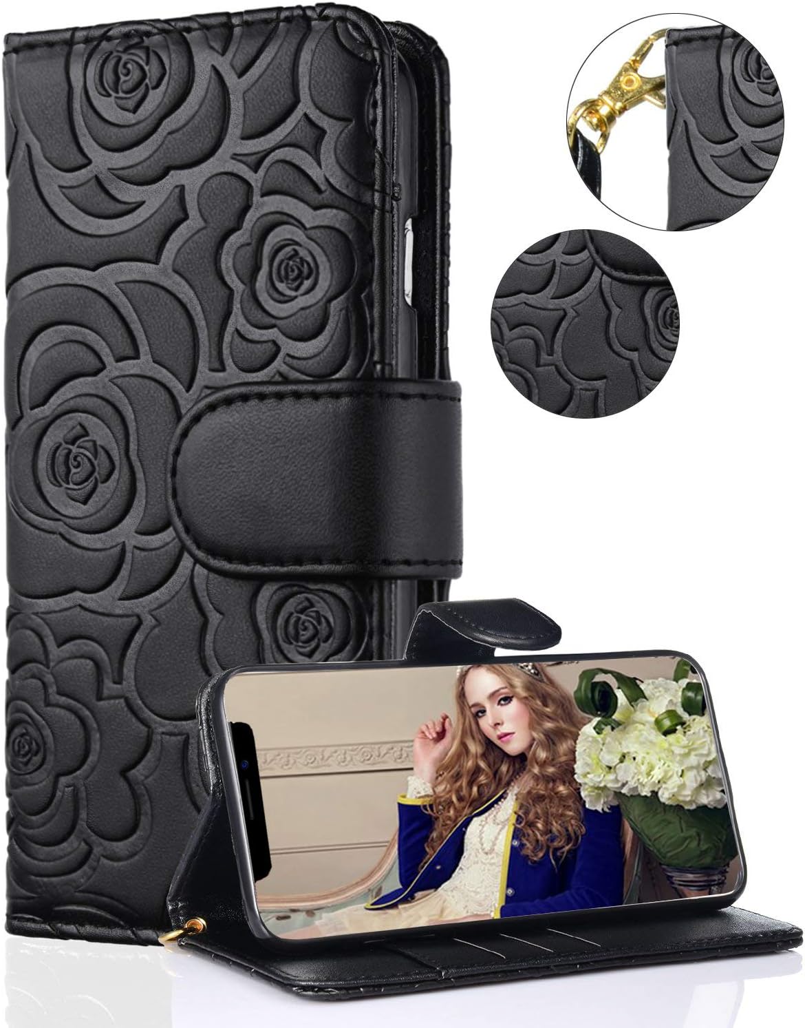 FLYEE iPhone 11 Pro Max Wallet Case Premium Leather [Embossed Flower] Flip case Kickstand Magnetic Protective with Card Slots and Detachable Wrist Strap for Apple iPhone 11 Pro Max 6.5 inch [Black]