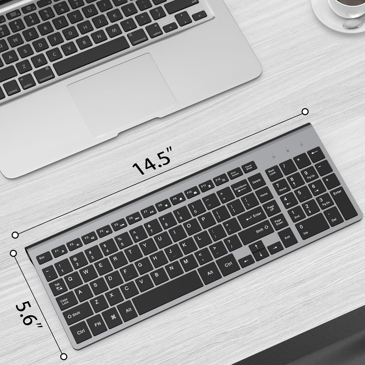 Image showing the keyboard with dimensions labeled: 14.5 inches length and 5.6 inches width.