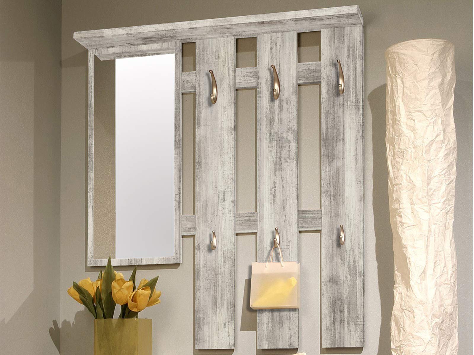 möbelando Garderobe Standgarderobe mit Spiegel Schuhschrank Haken Eiche Antik Weiß 100x191x25 cm