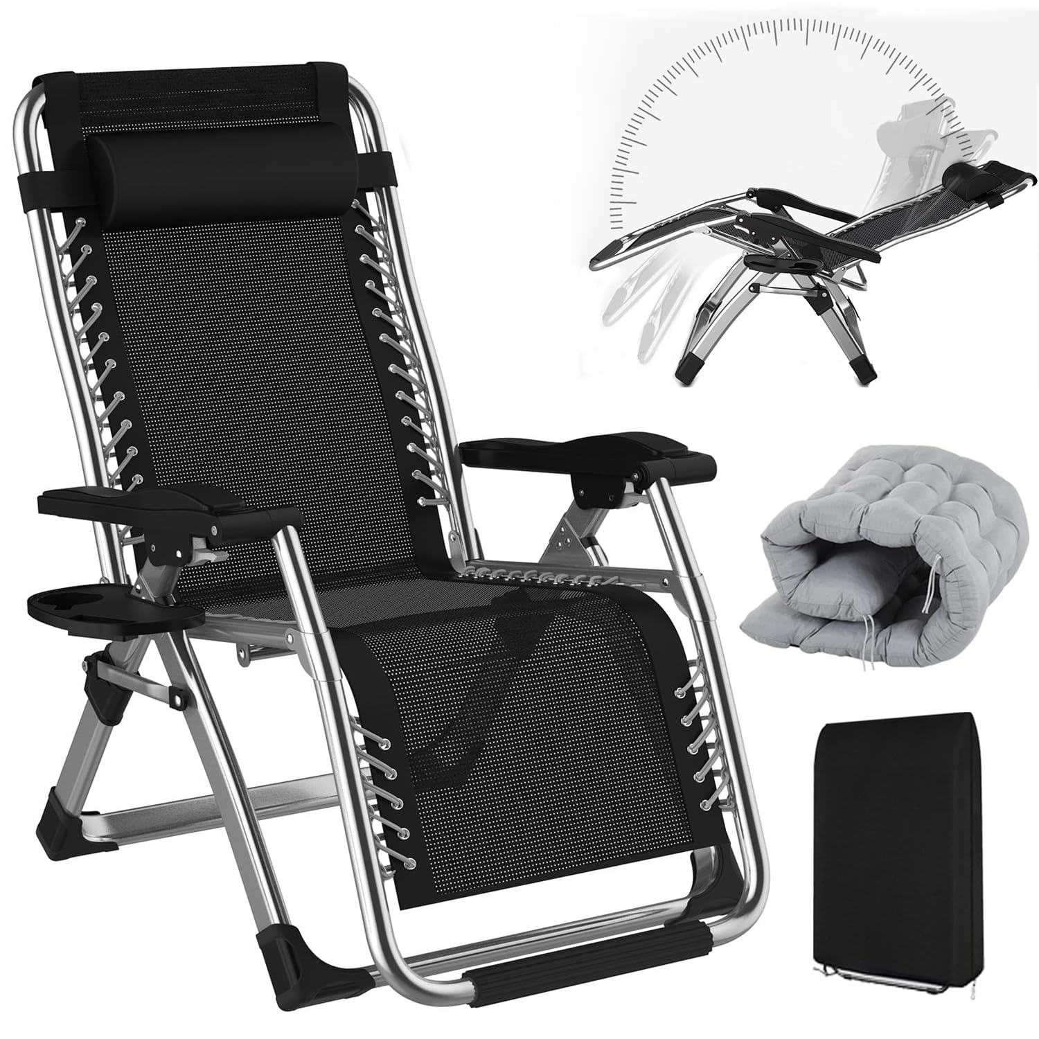 Tumbonas Plegable Jardin Exterior 65cm Ancho Hasta 240KG, Silla Reclinable Jardín con Cojín, Funda y Portavasos, Transpirable Ligera, Tumbona Gravedad Cero Aluminio para Terraza, Piscina y Playa