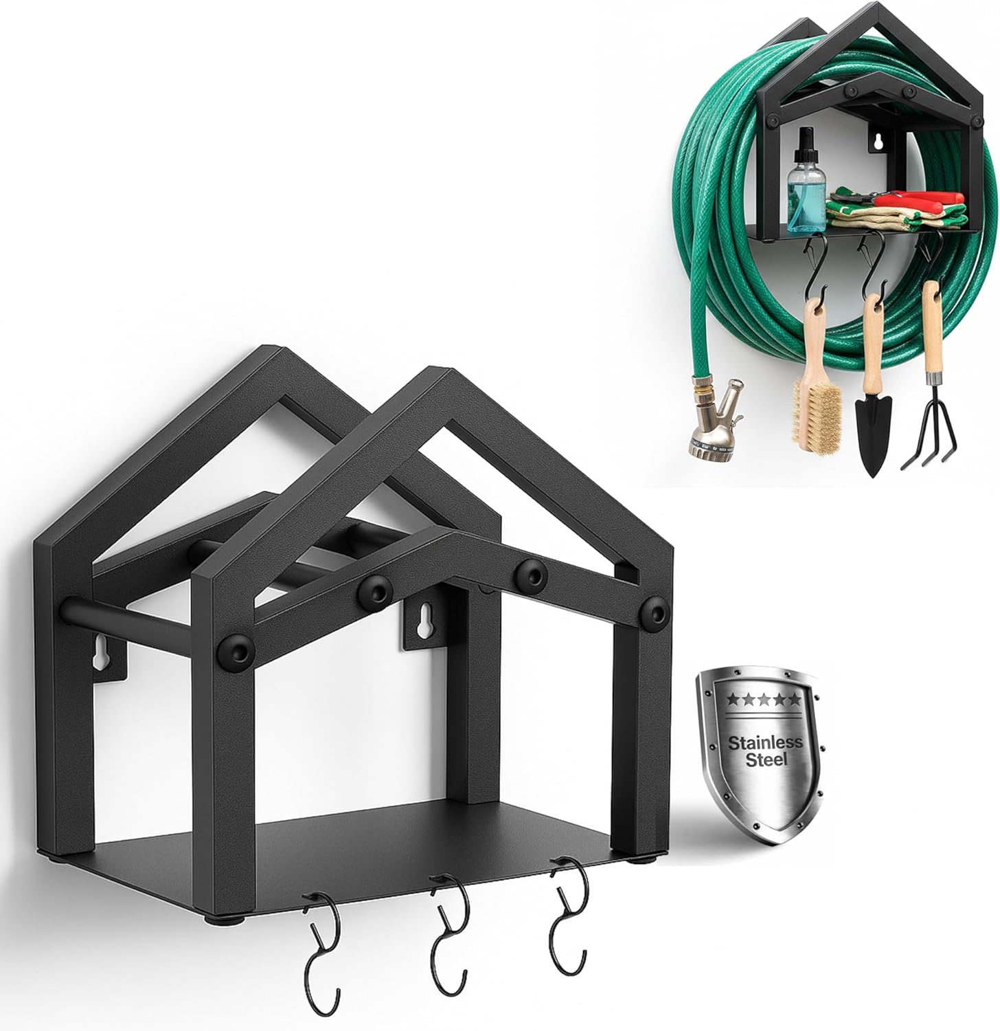 Stainless Steel Garden Hose Holder Wall Mount, Heavy Duty Hose Hanger Wall Mount with Storage Holds Up to 150ft Hose, Black Wall Mounted Hose Holder for Outside Garden, Garage, Anti-Rust