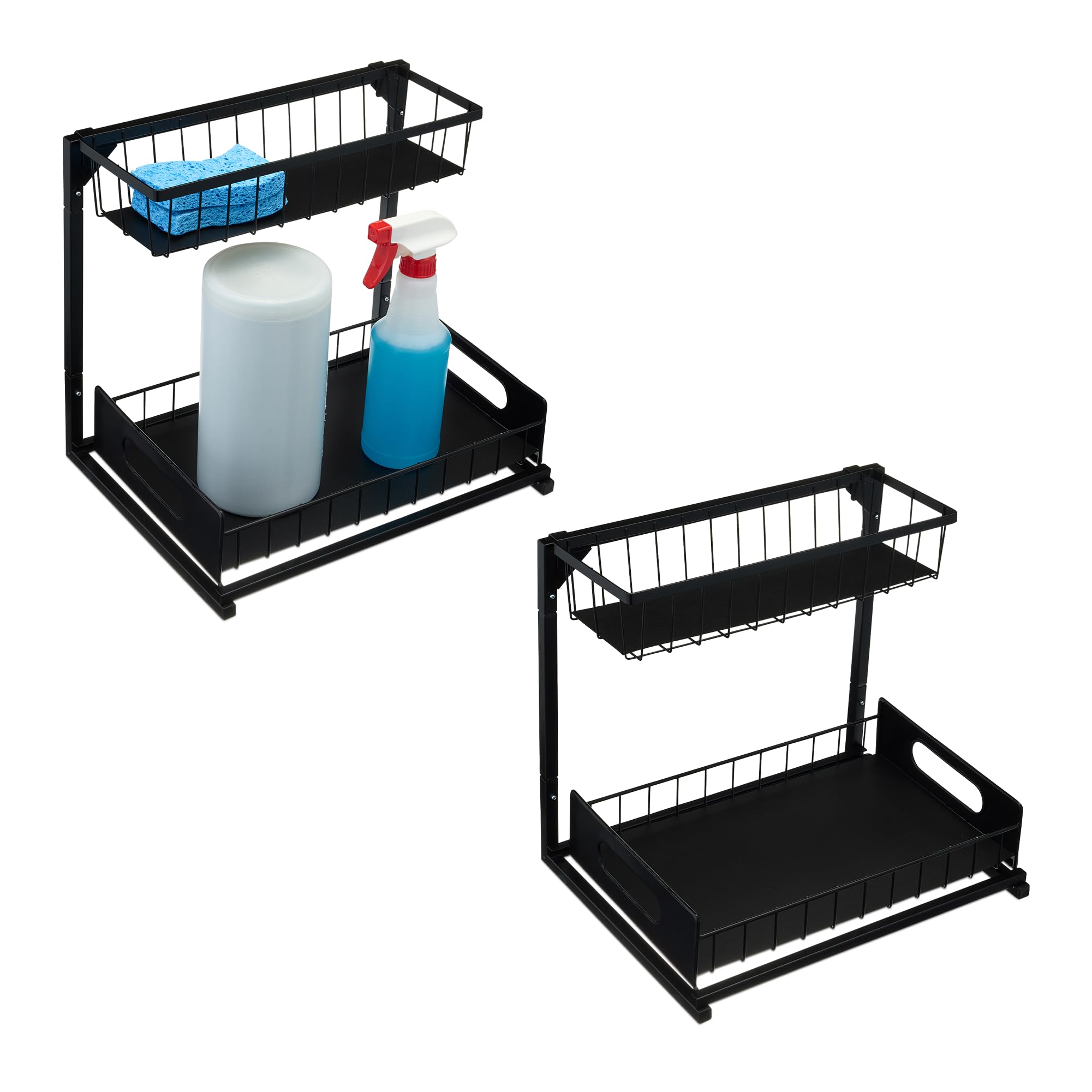 Amazon Basics Organizador para Debajo del Fregadero con Revestimientos para Bandejas, en Forma de L, Organizador Extraíble para Armarios, Bandeja Inferior Deslizante, Paquete de 2, Negro