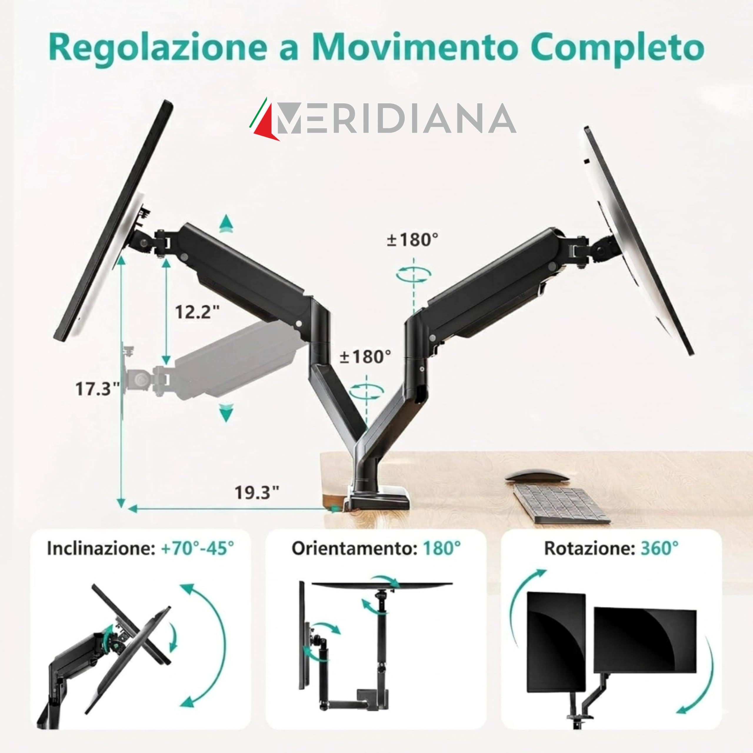 Meridiana Doppio Supporto Monitor Schermi da 10 a 32 Pollici | scrivania gaming, monitor pc, VESA 75 \ 100, Braccio monitor doppio fino12kg, Girevole e Regolabile in Altezza e inclinazione