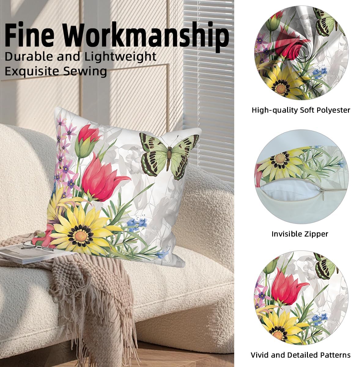 4 Pcs/Set Floral Pillow Covers Pink Yellow Flowers Green Leaves Butterflies Plants Geometric Vintage Throw Pillow Covers for Outdoor Home Couch Sofa Bedroom Farmhouse, 18"x18"