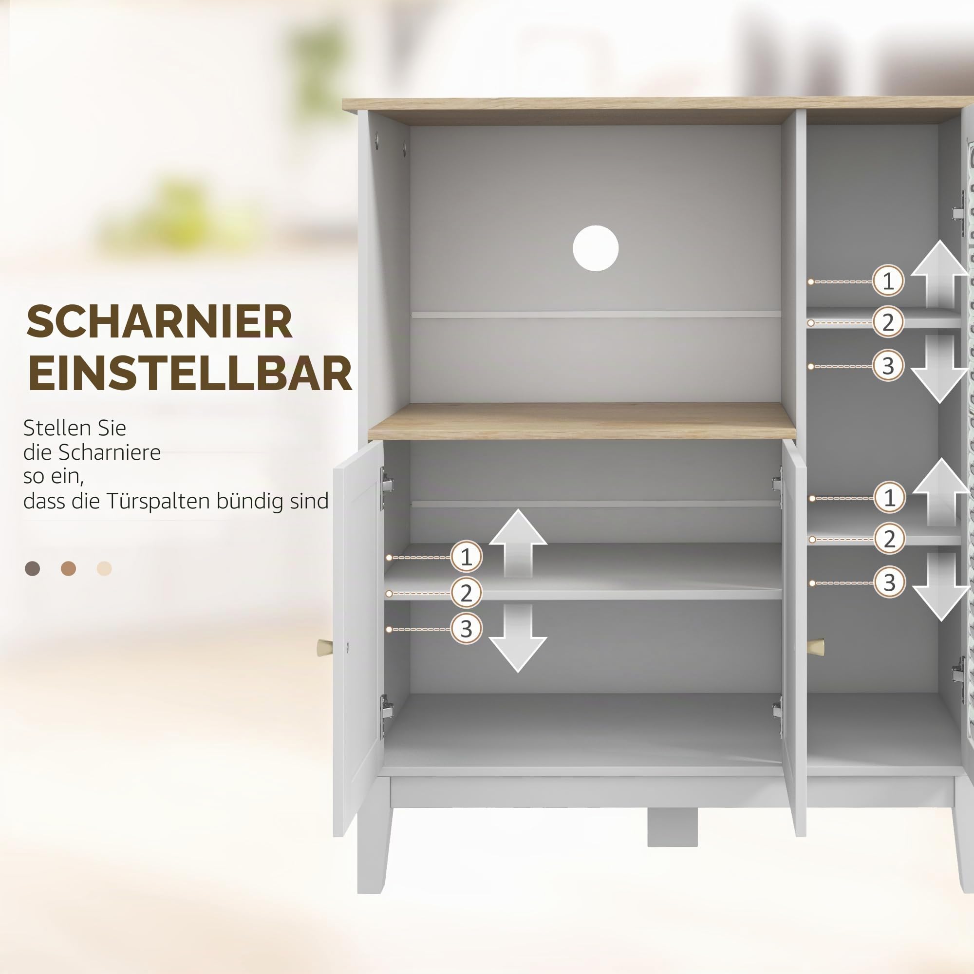 HOMCOM Mikrowellenmöbel, Küchenschrank, Sideboard, mit 1 Nische 3 Türen, Kabeldurchlass, für Küche, Esszimmer, Wohnzimmer, 80 x 35 x 97 cm, gehärtetes Glas, weiß und Holzoptik