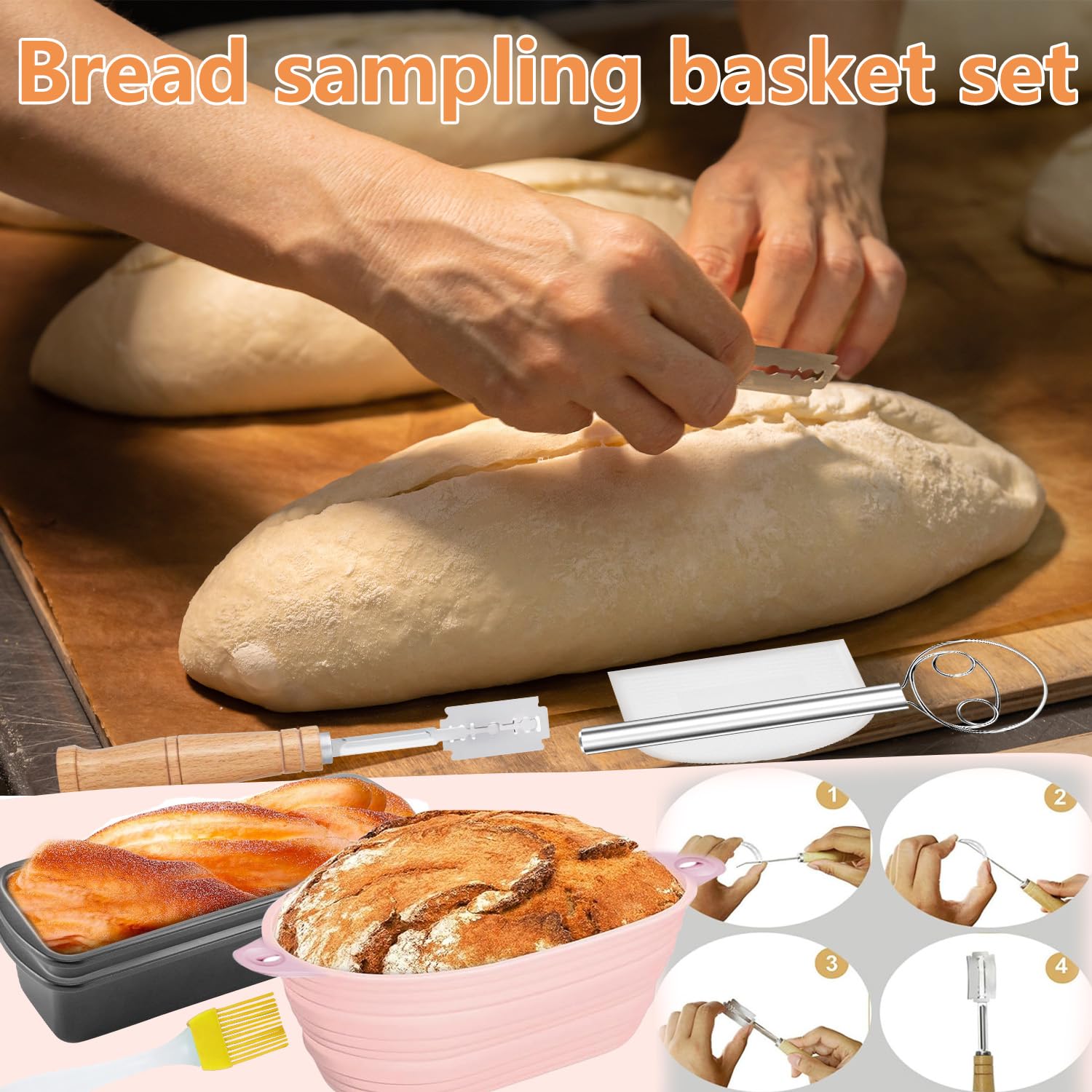 8 Pièces Moule à Pain,Moule Pain de Mie,Moules a Cake,Kit Patisserie,Corbeille a Pains,Banneton pour Pains,Moules Brioche,Accessoires de Cuisine Compris Baguette à MéLanger Brosse et Toile
