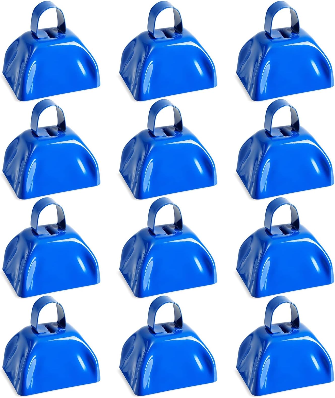BLUE PANDA 3-Inch Cowbells with Handle - Stadium Cheering & Cow Bells for Sporting Events - Metal Noise Makers for Meetings - Football Noise Makers - Blue Cowbells - Pack of 12