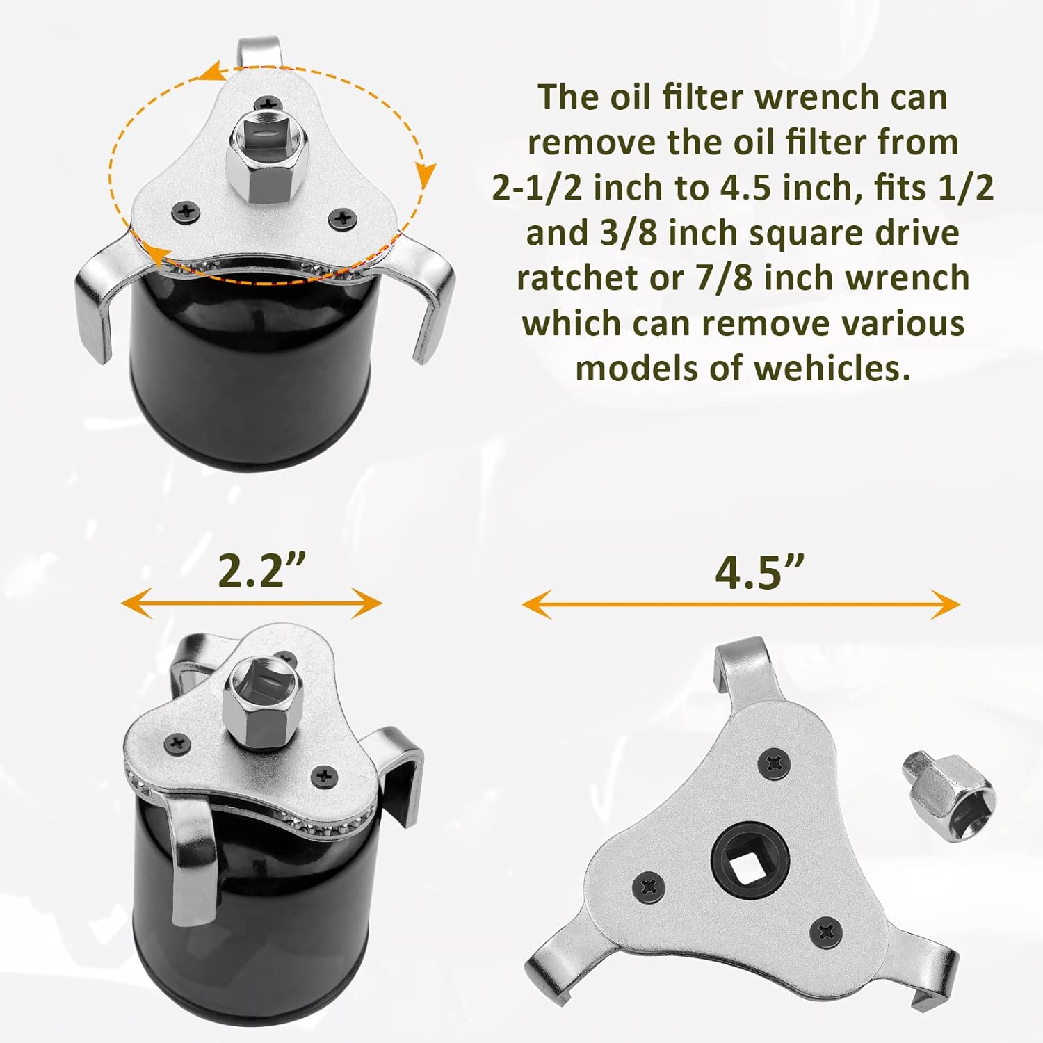 Bolaxin Universal Adjustable Oil Filter Wrenchs From 2-1/2" to 4.5" Wrench 3 Jaws Oil Filter Wrench Tool Set Remover Socket (Black)