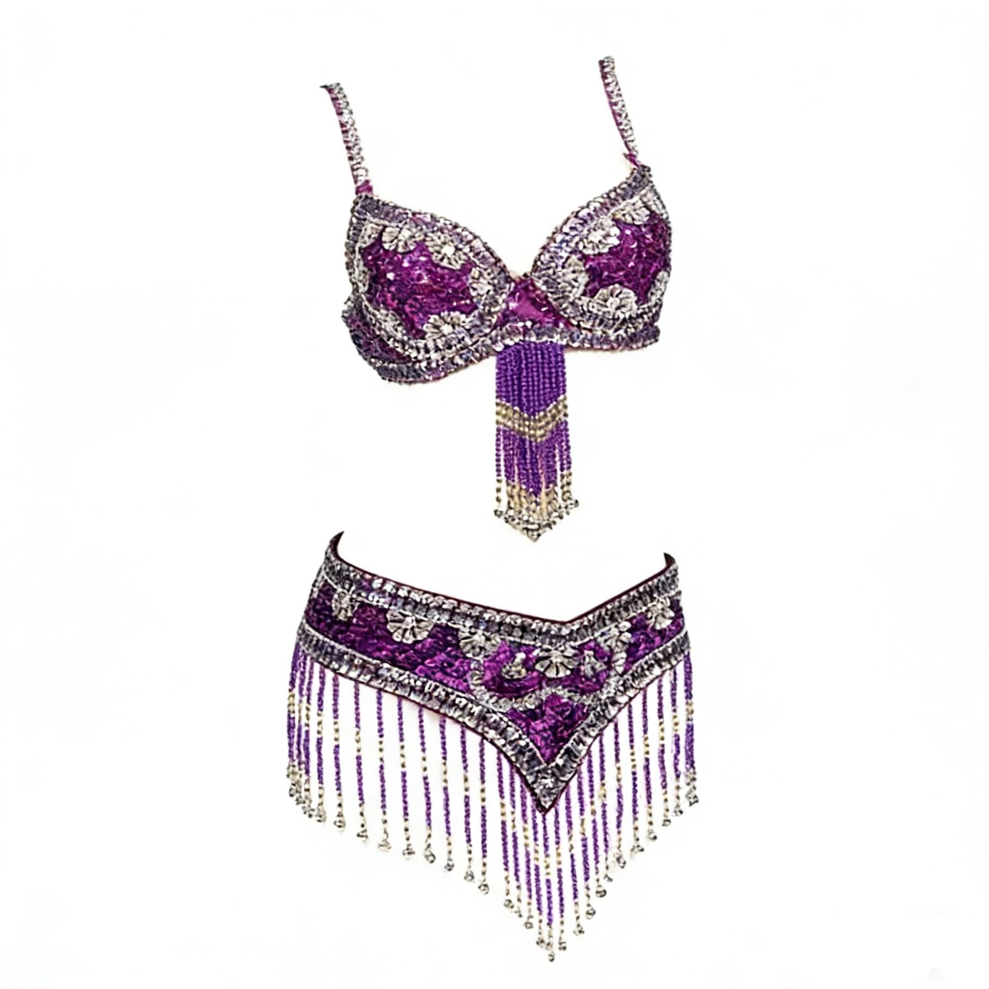 AMENGJ Belly Dance Top Bra Women's Oriental Style Sequin Beaded Bra and Belt 2-piece Water Diamond Dance Costume Performance Suit(Color 7,M)