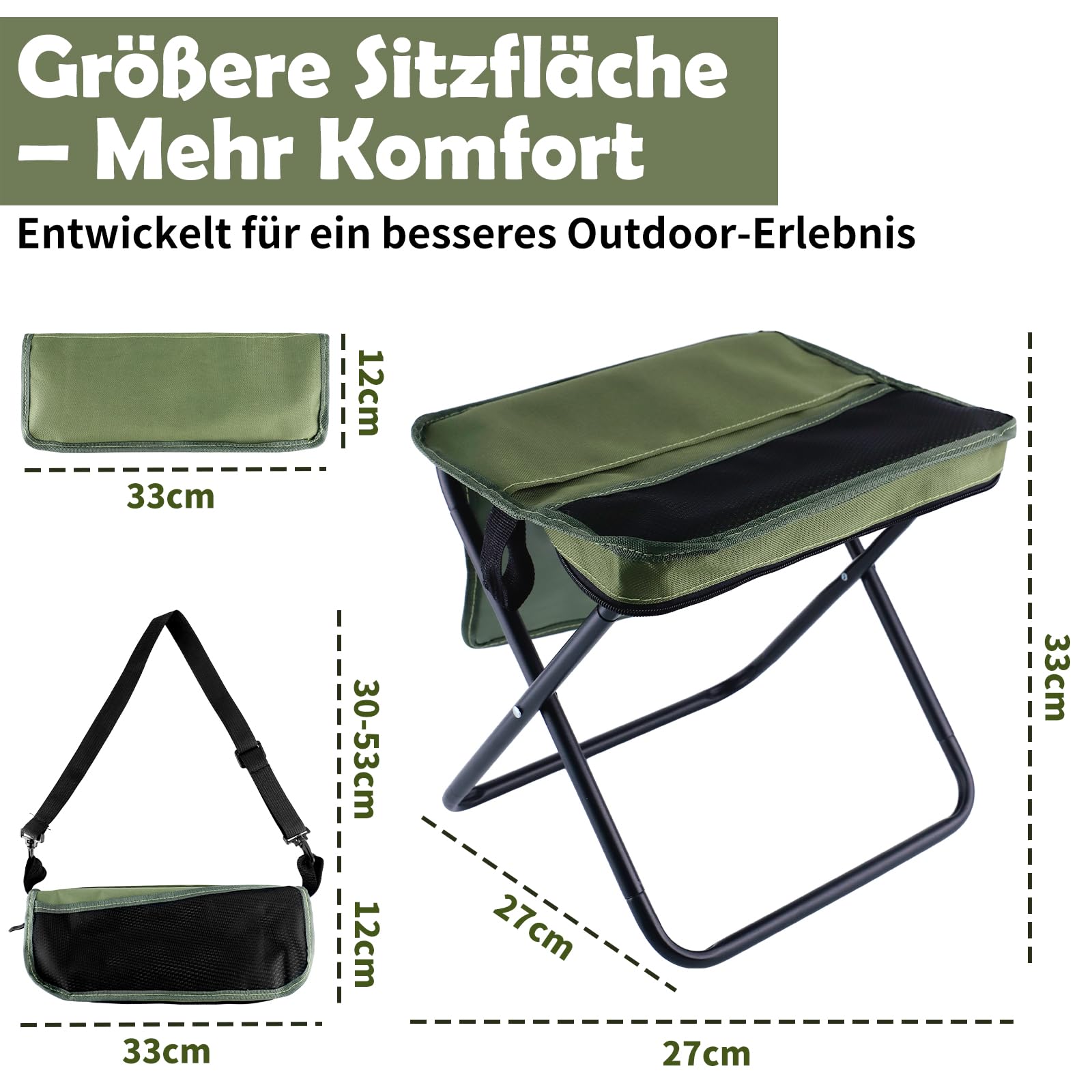 QottmezKlappstuhl Faltbar 33×26,5×32 cm – Leichter Campinghocker bis 120 kg, Tragbarer Klapphocker mit Tasche, Campingstuhl Klappbar Leicht für Wandern, Angeln & Camping Erwachsene (Grün)
