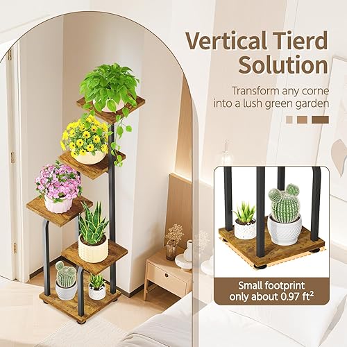 Miniatura 5 de LASZOLA Soporte alto negro para plantas de 5 niveles para interiores con bandeja de madera resistente, estante vertical grande de varios niveles