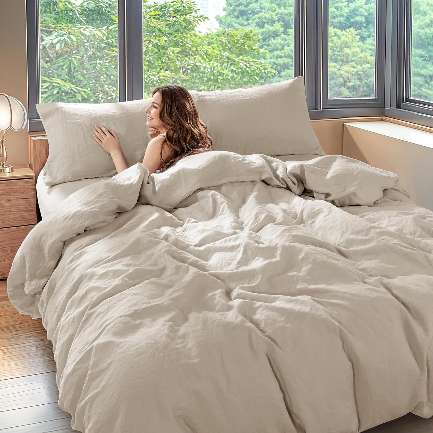 Shilucheng 100% Linen Queen Duvet Cover Set, Linen