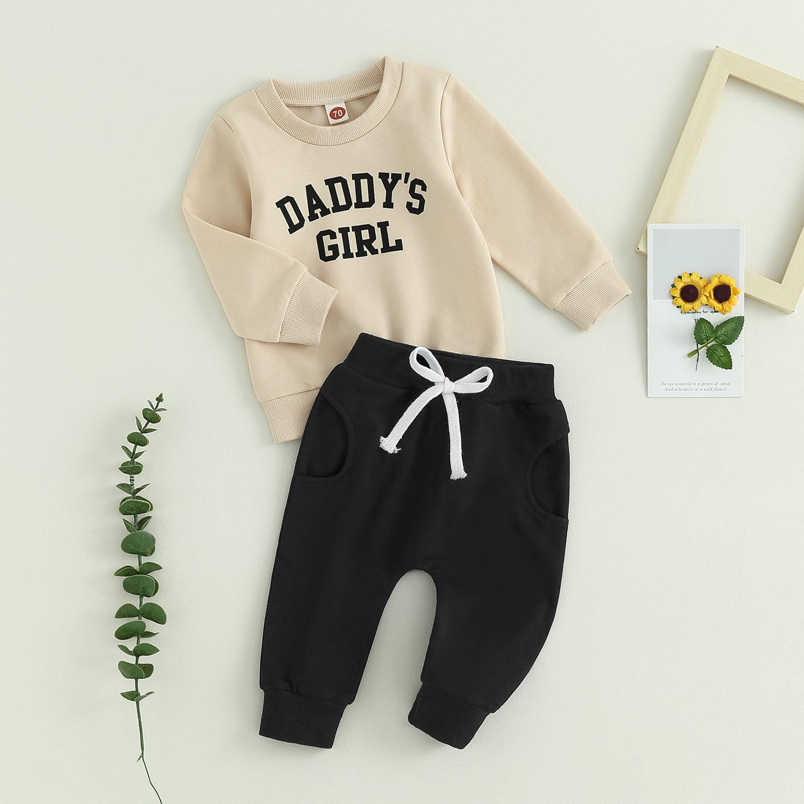 Newborn Baby Christmas Clothes Toddler Baby Girl Outfit Daddys Girl Print Sweatshirt Sweatpants Pant Xmas 2Pcs Set (Apricot Black, 6-12 Months)