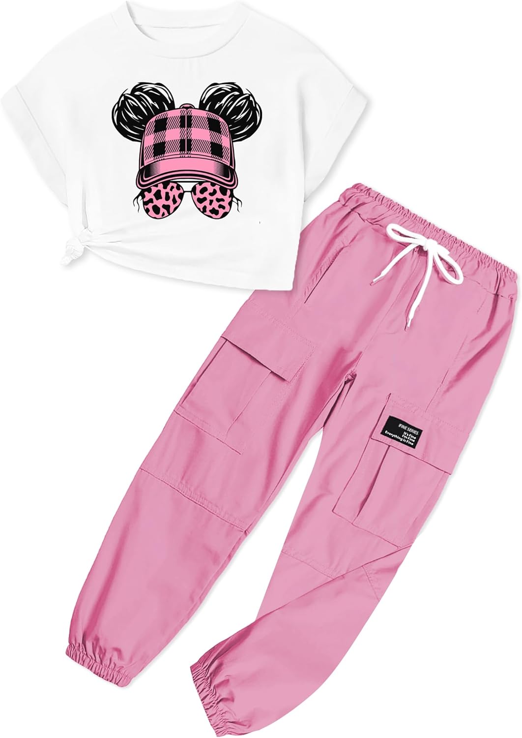 ARTMINE Girls' 2 Piece Outfits Casual Drawstring Jogger Pants and Loose Crop Top Set, 6-14 Years