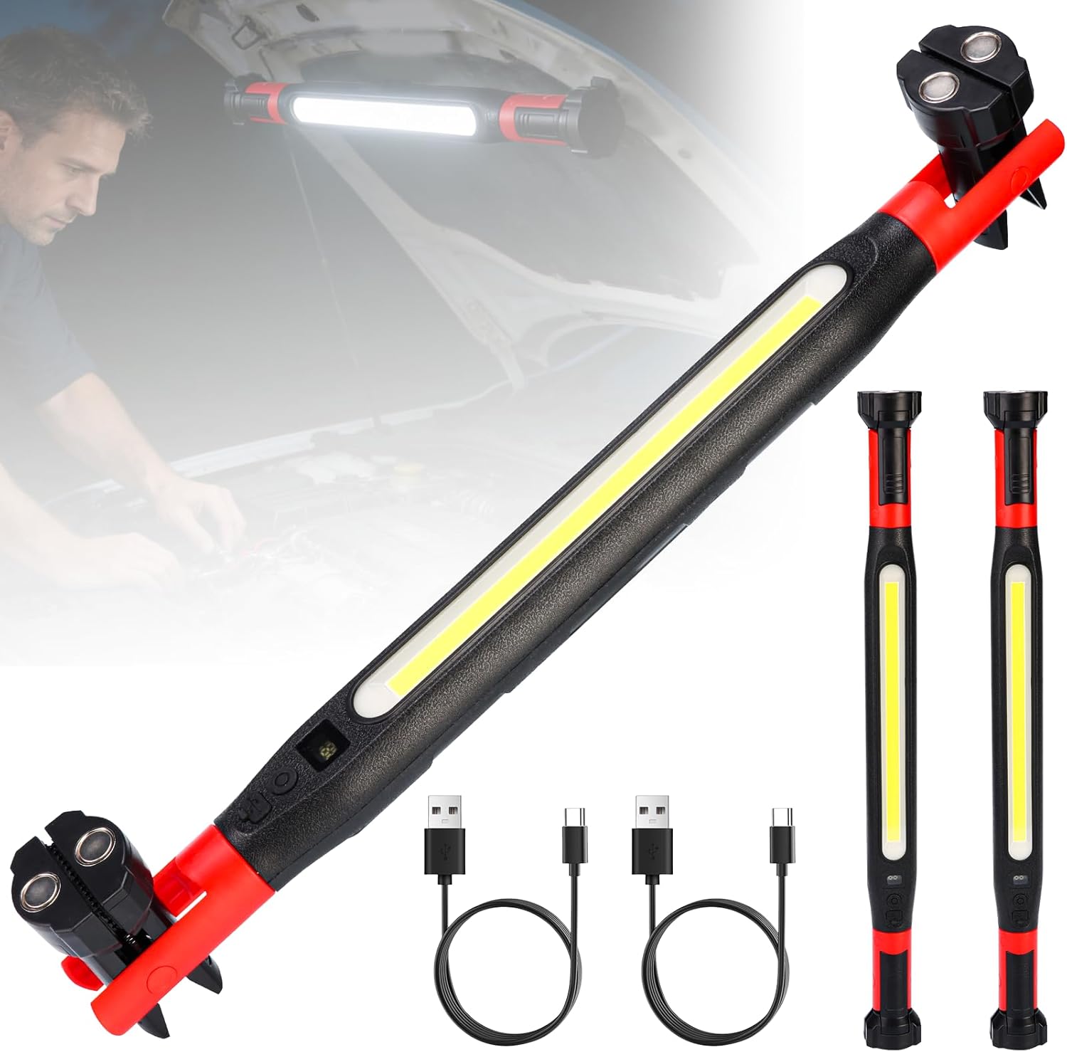 2026 New Magnetic Work Light Bar, 2PCS Under Hood Work Light Bar, Magnetic Light Bar with Strong Magnet & Hanging Hook, Cordless Battery Powered Mechanic Light for Car Repairing