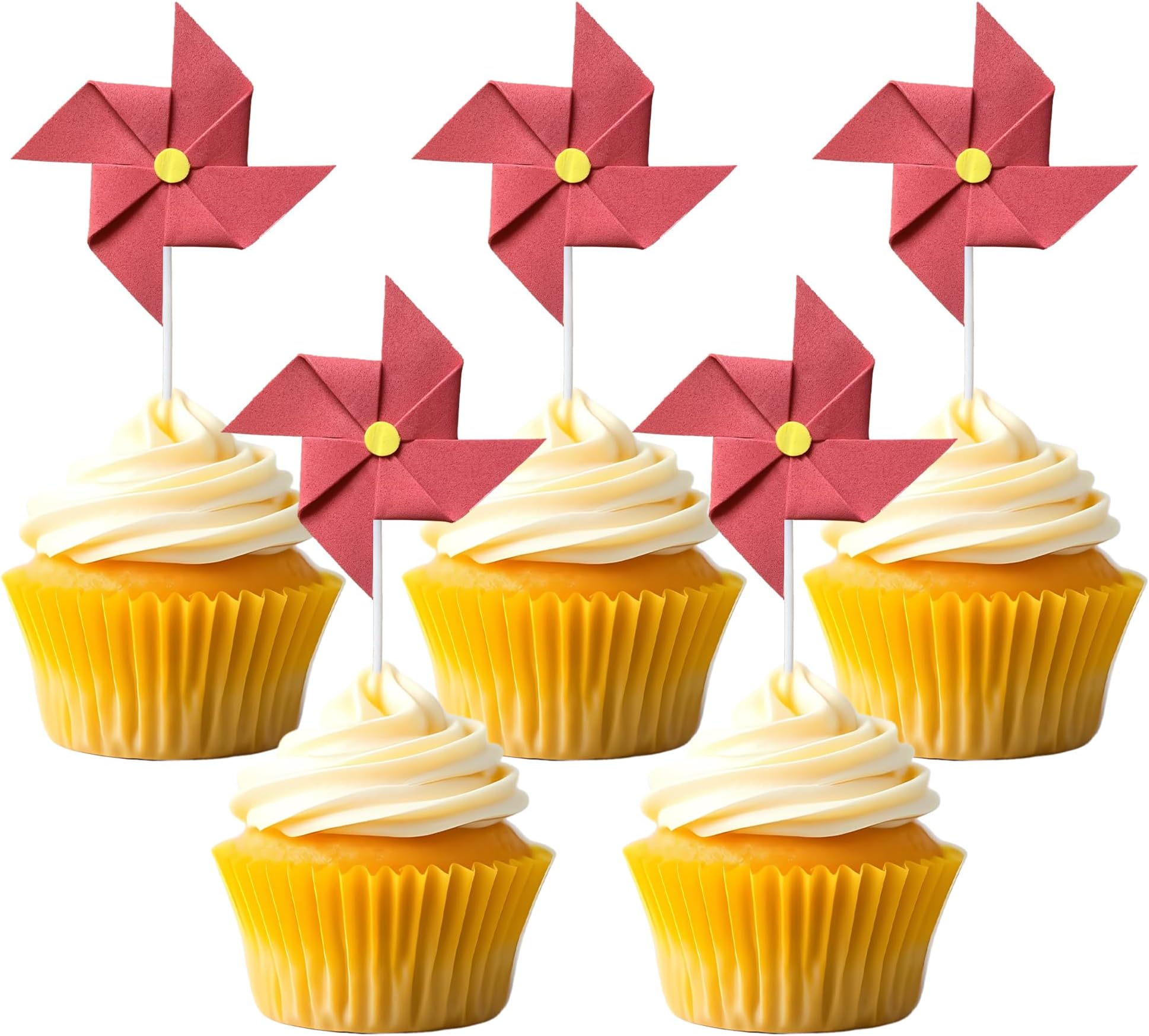 Windmill Cupcake Toppers Kids Party Cake Decorations Pinwheel Cupcake Picks Pinwheels For Kids Birthdays,Celebrations Theme Windmills Cake Toppers Baby Shower cute Decor Supplies Red 10PCS