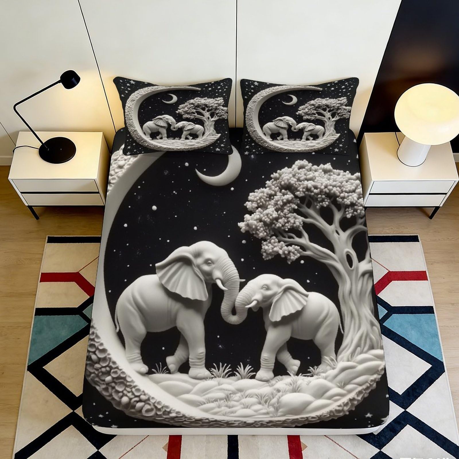 Jqzkxnhpbr Style-1 3D Printed Moon Elephant Fitted Sheet Microfiber Black White Tree Mattress Cover Bedroom Home Decor 90X200x25cm