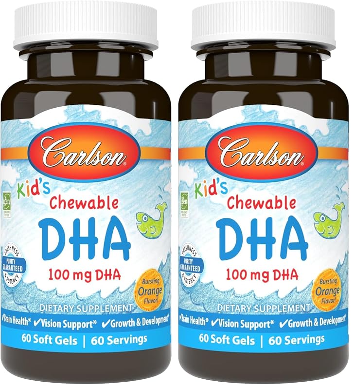 Carlson Suplemento infantil de DHA, 100 mg, 2 frascos com 60 cápsulas gelatinosas mastigáveis