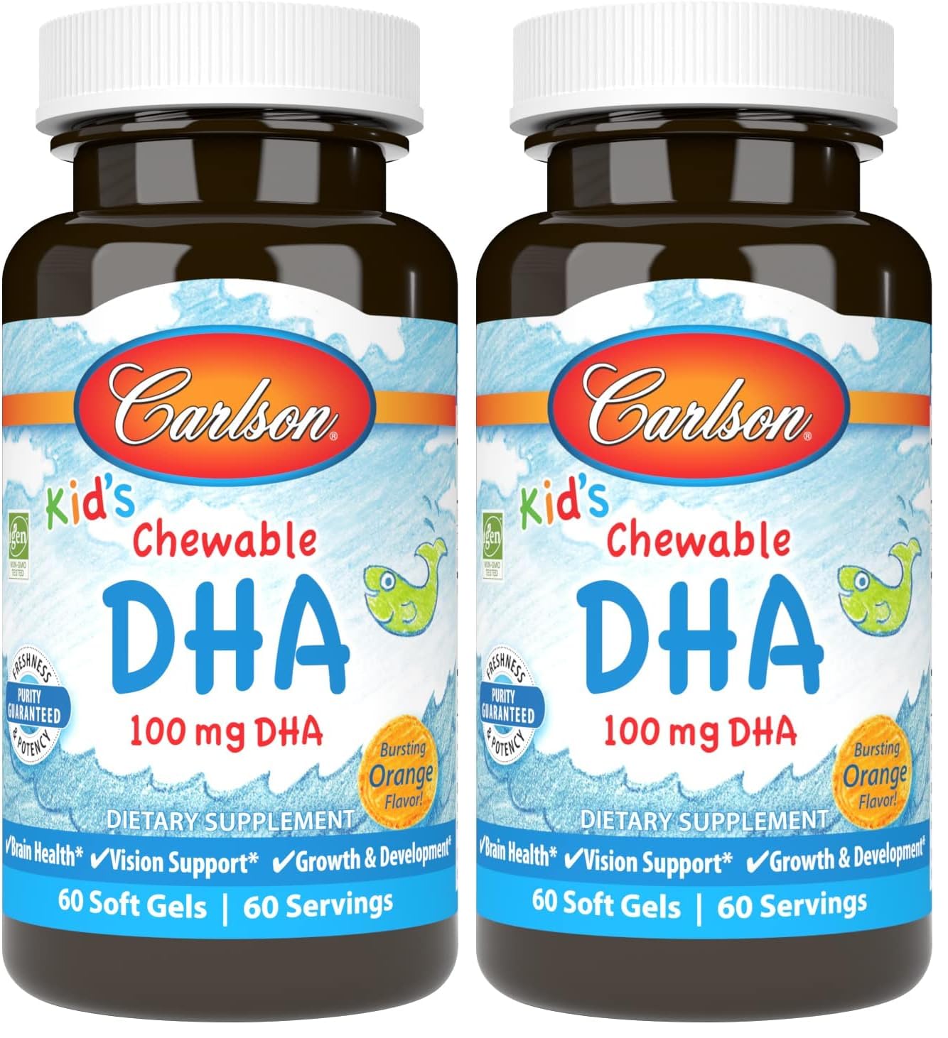 Carlson - Kid's Chewable DHA, 100 mg DHA, Brain & Vision Function, Growth & Development, Orange, 60 Chewable Softgels (Pack of 2) 60 Count (Pack of 2)