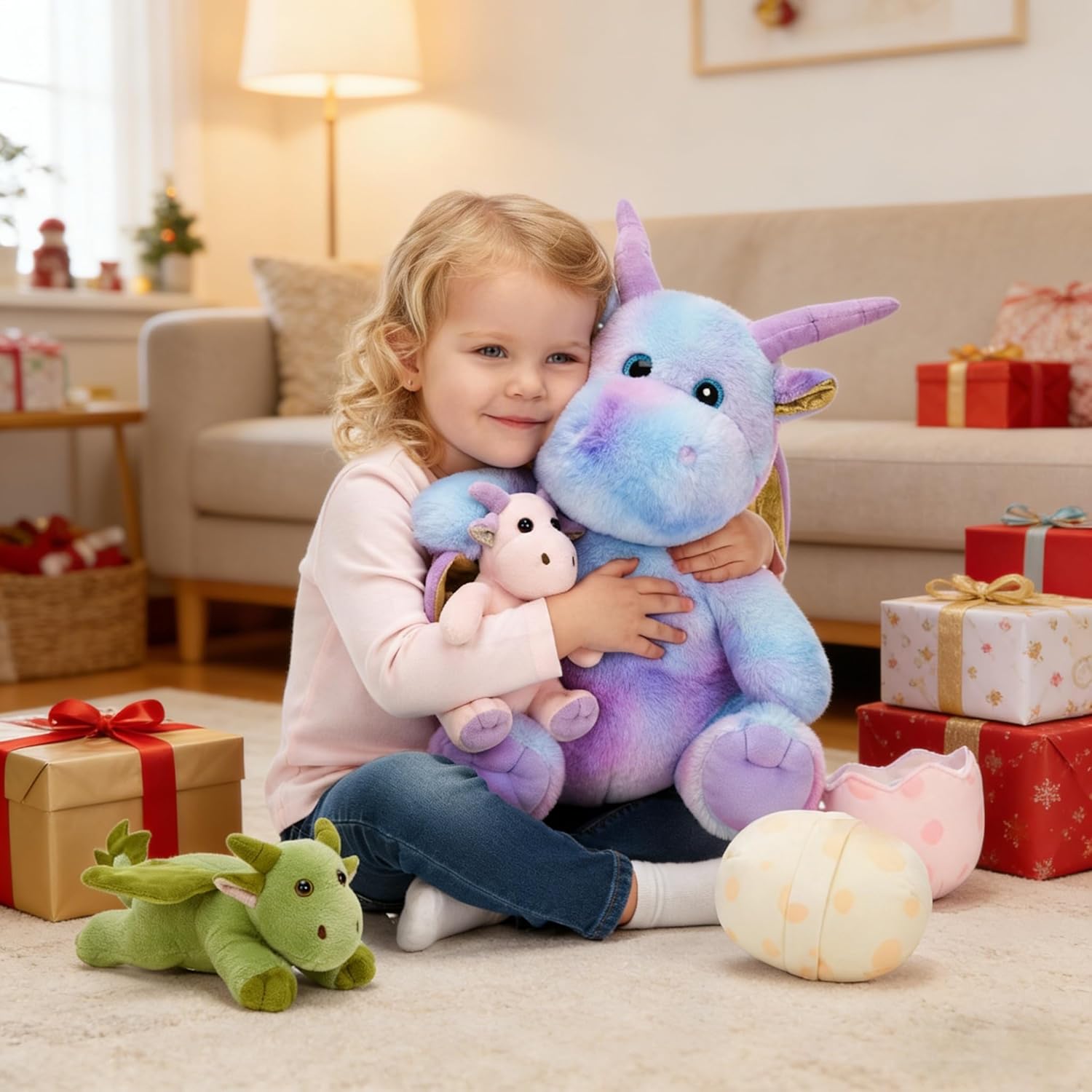 Tezituor Purple Stuffed Dinosaur for Girls,Cute Dragon Stuffed Animal,6 Pcs Mommy Dino Plush Toy with 3 Baby Dinosaurs,Large Pterosaur Stuffy,Triceratops, Stegosaurus Plushies Birthday