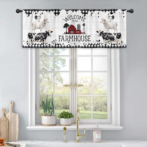 Miniatura 3 de Cinbloo Cortinas de cocina de granja de 52 pulgadas de ancho x 18 pulgadas de alto, bolsillo para cortinero, cenefa de oveja occidental, madera