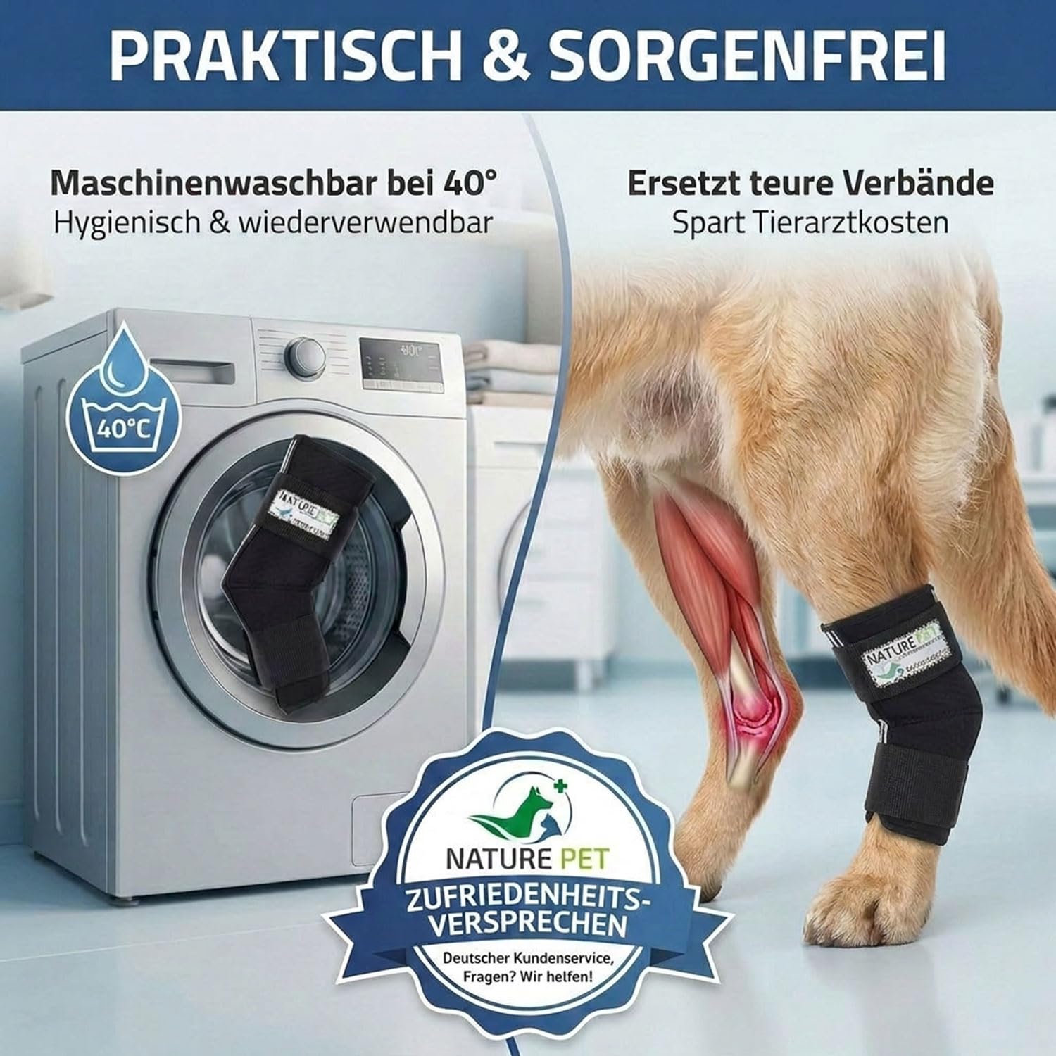 Nature Pet SPRUNGGELENK BANDAGE HUND HINTERBEIN – Sprunggelenk Bandage mit Leckschutz Hund – verstellbare Tarsal-Stulpen für Hunde zur Stabilisierung & Schutz des Hinterbeins – 165° Winkel/Größe L