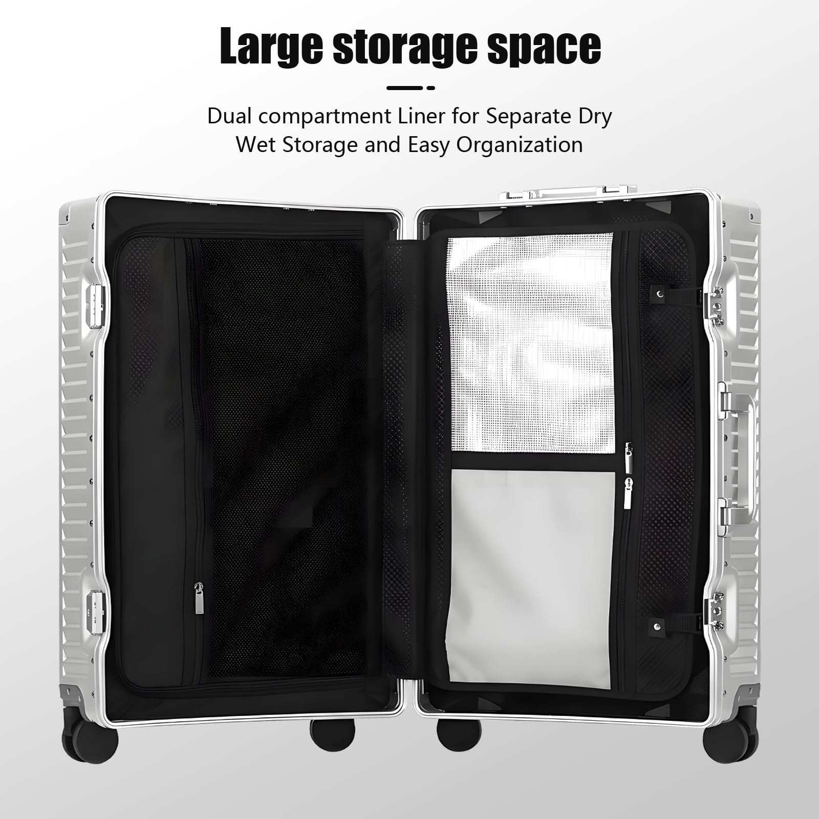 YYW Valigia in alluminio con ruote girevoli, leggera e rigida, con serratura TSA integrata, con portabicchieri, porta USB, supporto per telefono, Argento, 24inch/39x25x65cm, classico