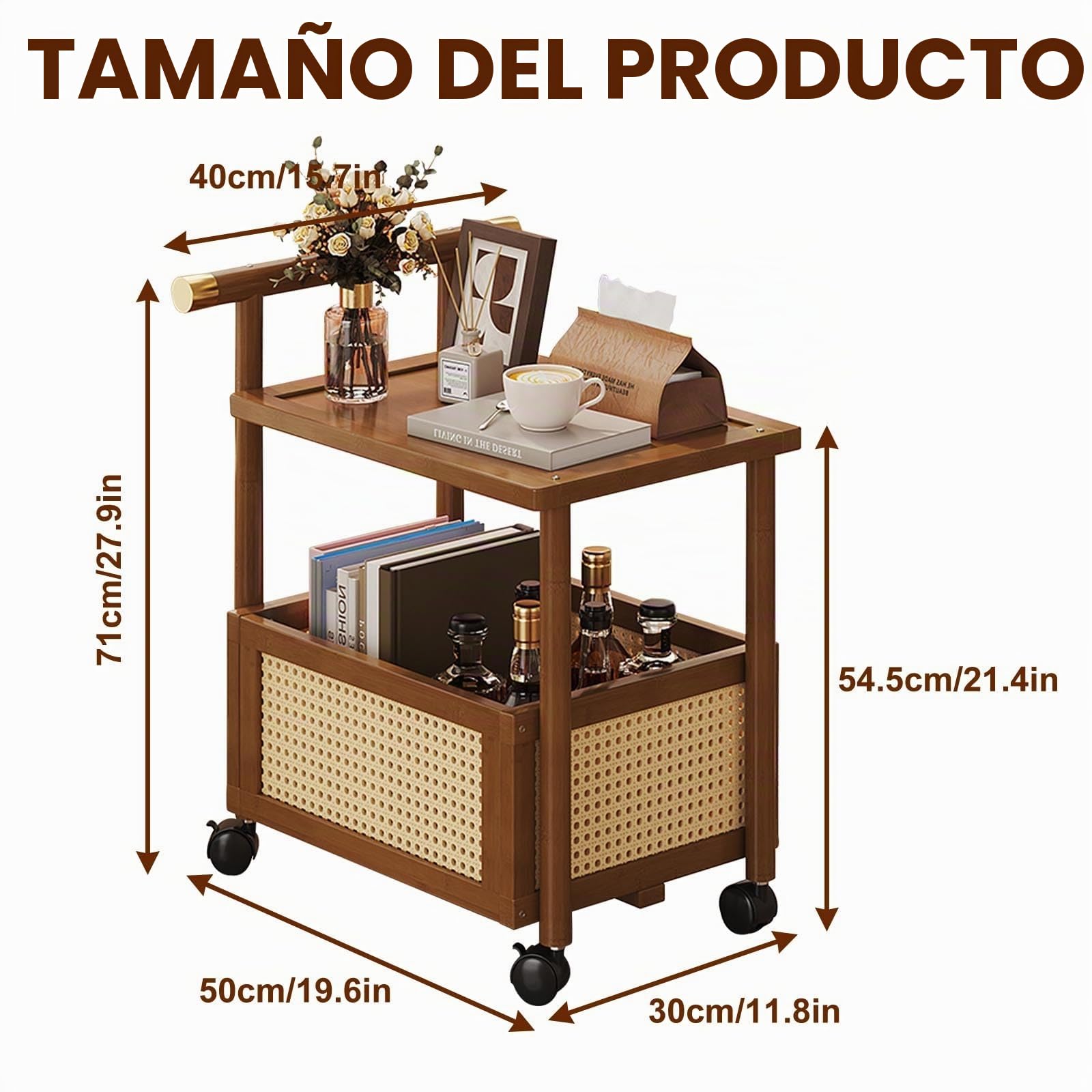 Mesa Auxiliar Salon Con Ruedas De Bambú Mesas Auxiliares for Espacios Pequeños for Salon End Table Con Almacenamiento for Salón Y Dormitorio,Diseño Estable Con Ruedas Silenciosas,Para Sofá Y Cama(Brow