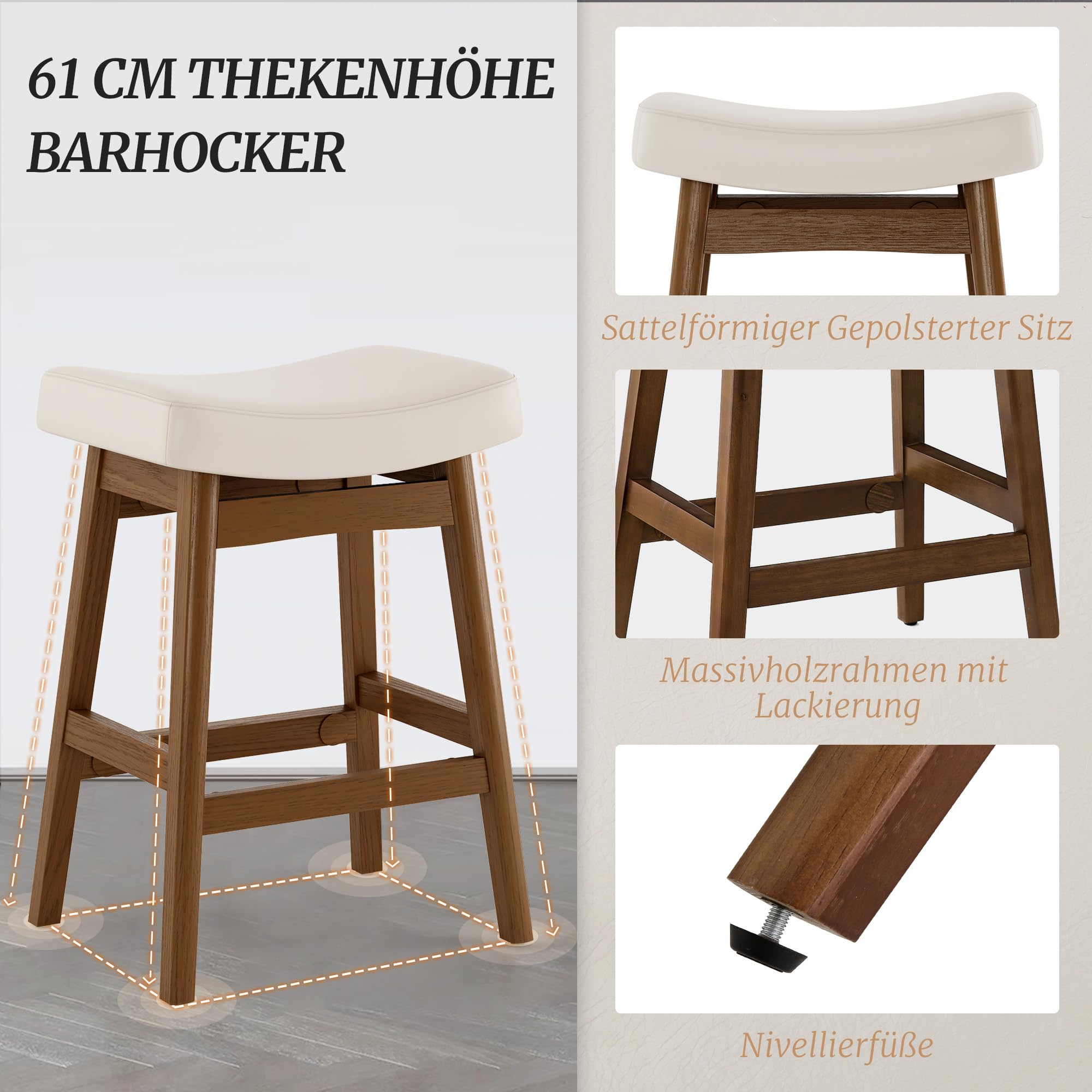 LUE BONA Barhocker 2er Set, 61 cm Hoch,KüChenhocker mit Kunstleder Sitzfläche und Fußstütze,Bar Hocker mit 4 Holzbeinen,Moderner Barstuhl für Küche,Wohnzimmer,Bar,Antikes Weiß
