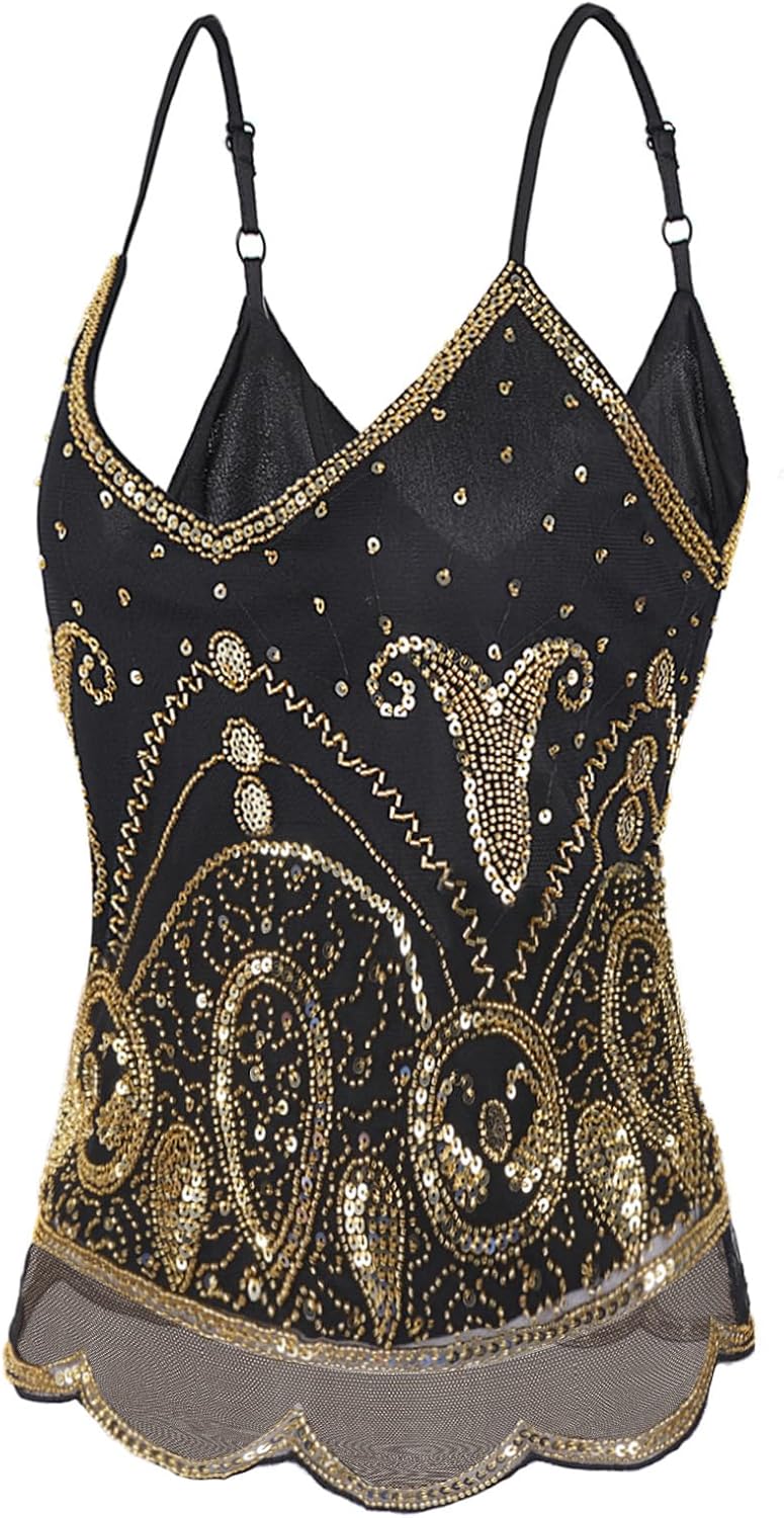 Vijiv Women's 1920s Inspired Beaded Sequin Top Shimmer Glitter Blouse V Neck Tank Top Formal Gatsby Shirt - Image 6