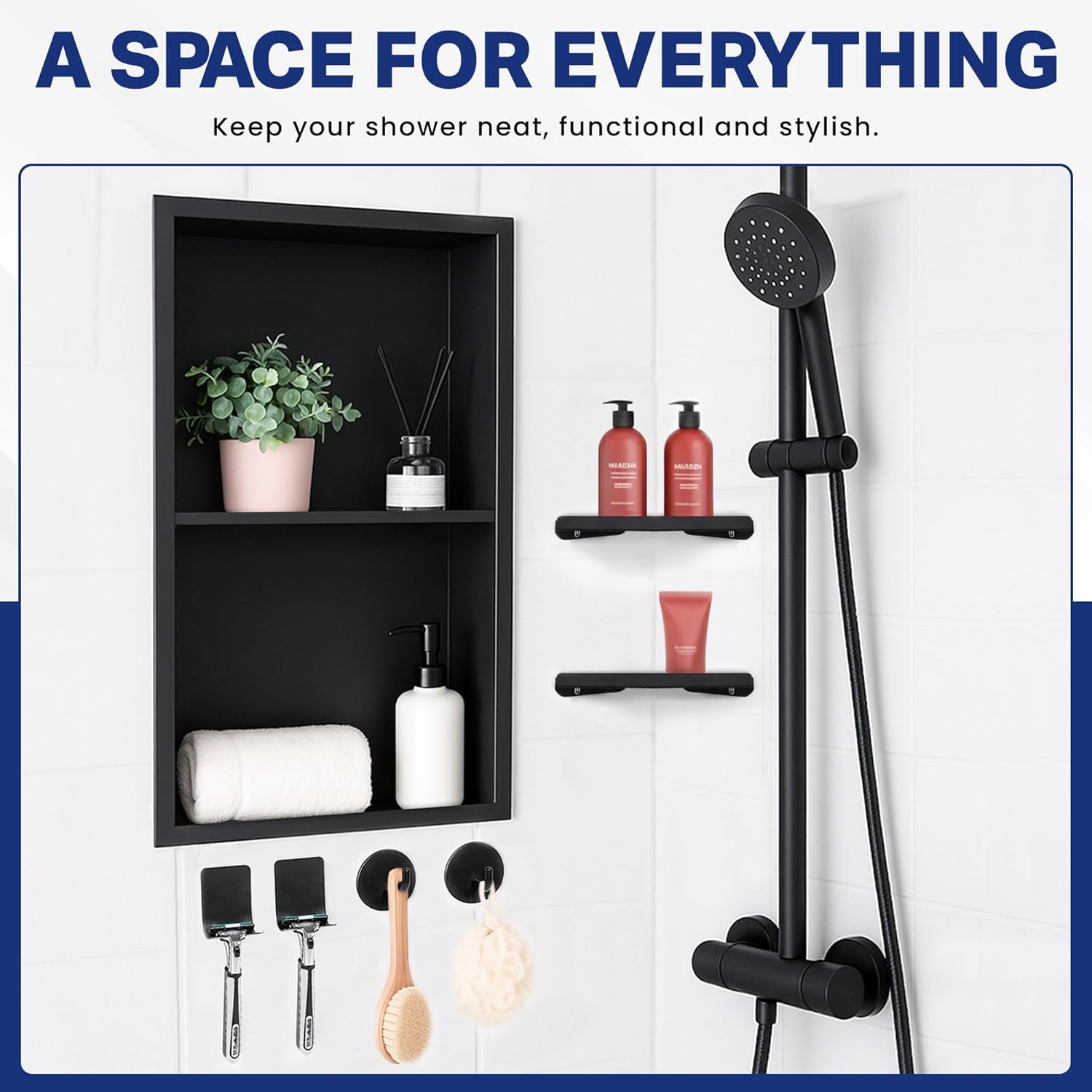 Stainless Steel Shower Niche 24"x12" Matte Black No Tile Needed Recessed Wall Niche for Bathroom Storage - Includes Corner Shelves Razor Holders and Wall Hooks