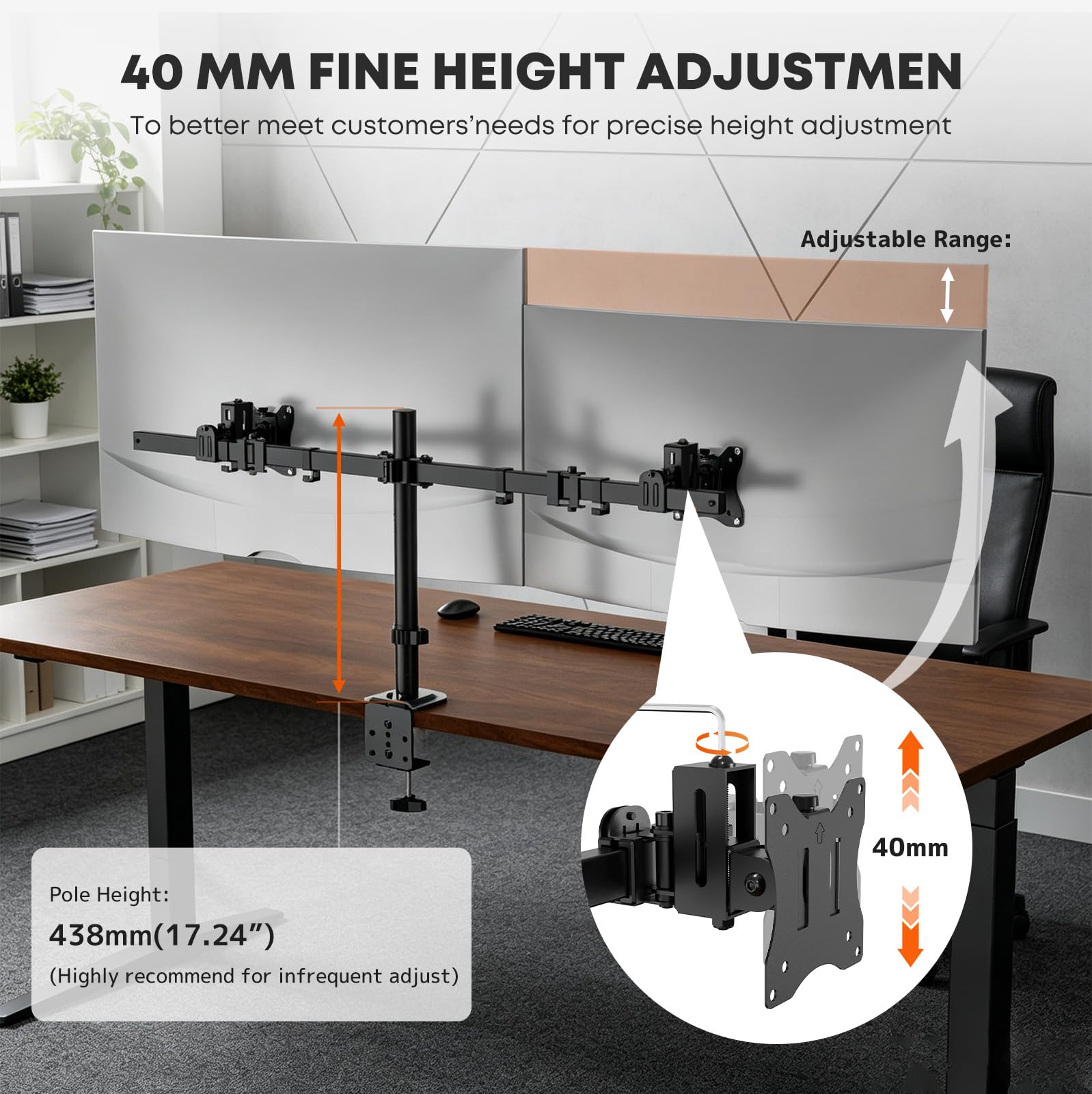 PUTORSEN Supporto per 2 monitor per schermo da 17-32 pollici, fino a 9 kg | Altezza del palo di 438 mm con ulteriore campo di regolazione fine di 40 mm, braccio scorrevole VESA per 2 monitor