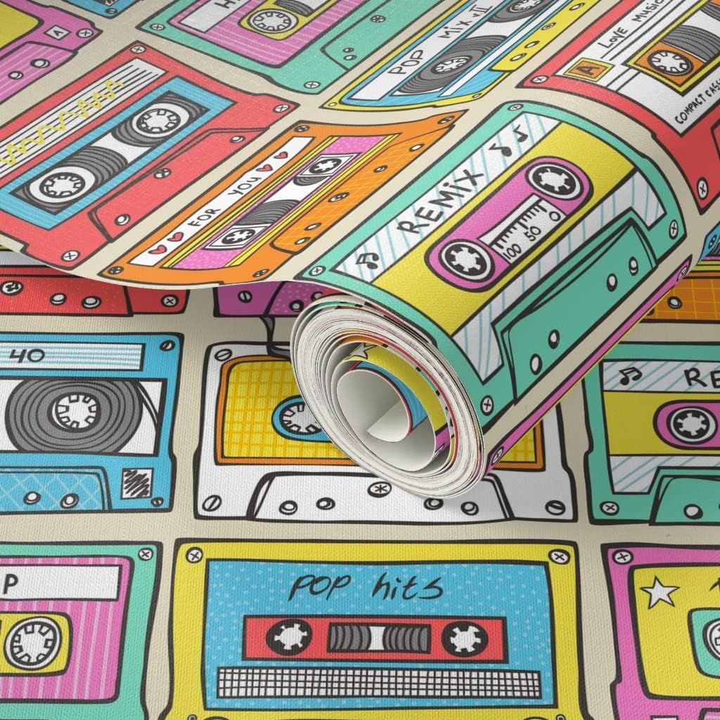 Peel & Stick Wallpaper 3ft x 2ft - Smaller Music Mix Tape Retro Vintage 1990S Cassette Custom Removable Wallpaper by Spoonflower