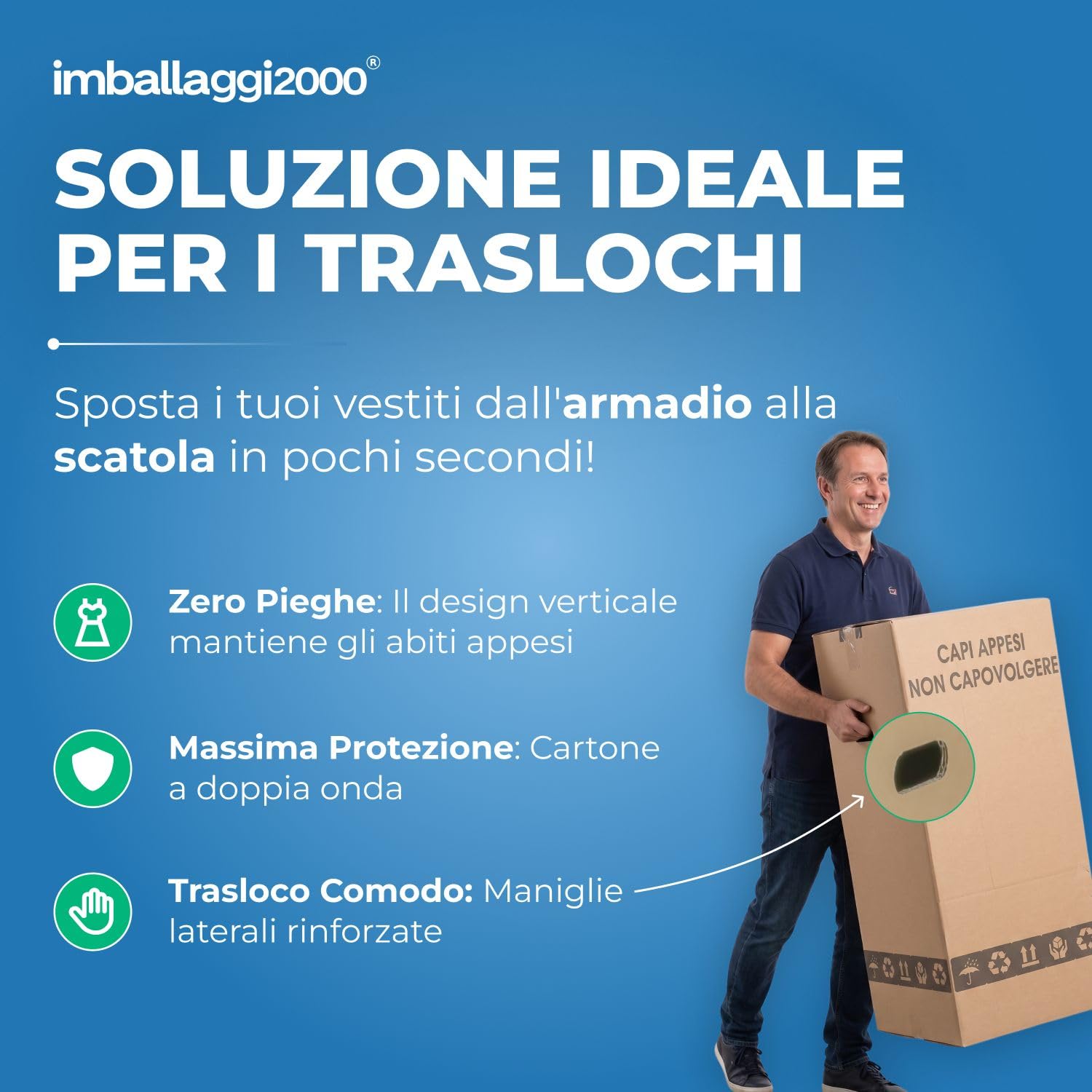 IMBALLAGGI 2000 - Scatole Cartone Porta Abiti con Barra Appendiabiti - 50x50 cm h 110 cm - Scatoloni per Trasloco Armadio - 5 Pezzi