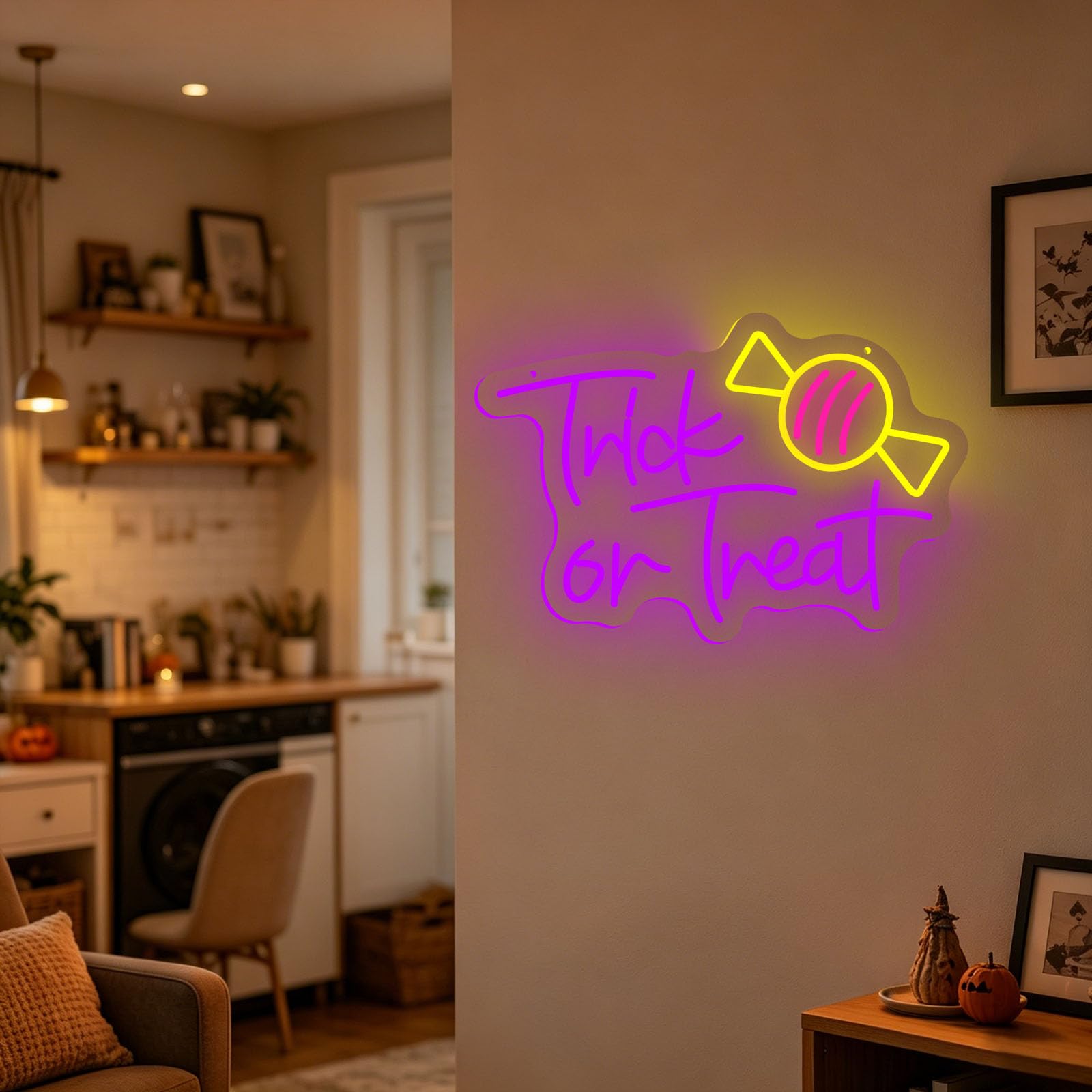 Trick or Treat Neon Sign Candy USB Powered Decorative Neon Light Halloween Party Decor LED Lights for Family Halloween Party Family Living Room Wall Game Room (D 16.1 in × W 10.8 in)