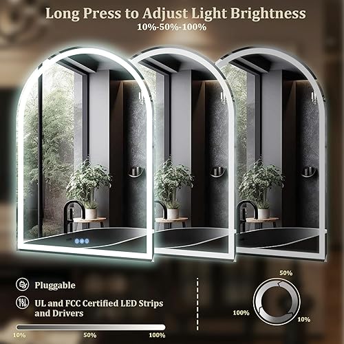 Miniatura 5 de BEAUTYPEAK Espejos de baño de arco LED con luces, espejo de arco de 40 x 30 con marco de metal, antivaho, espejo LED con luz frontal y