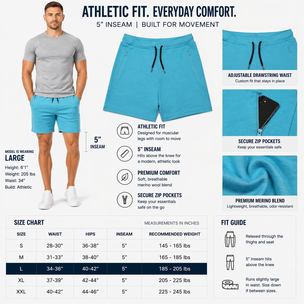 Men’s 100% Merino Wool Training Shorts – 5" Inseam – Athletic Fit – Plastic-Free Contact, Breathable