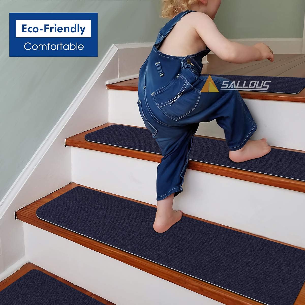SALLOUS Stair Treads Carpet Non Slip, Set of 15 Stair Runners for Wooden Steps, 7.5"x30" Safety Carpet Stair Treads for Kids Elders and Pets, Stair Strips for Indoors and Outdoors (Dark Blue) - - 