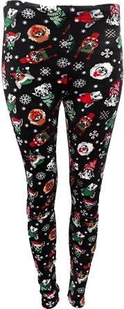 Junior Womens Black Velvet Puppy Dog Santa Claus Christmas Scarf Leggings